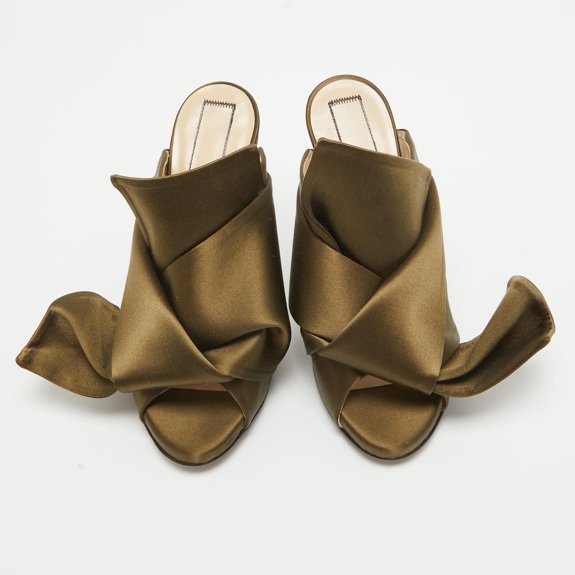 Brown N21 Green Satin Raso Knot Mules Sandals Size 37 For Sale