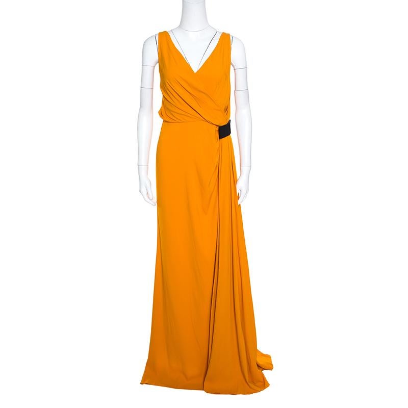 N21 Mustard Yellow Asymmetric Pleat Detail Lace Trim Maxi Dress L