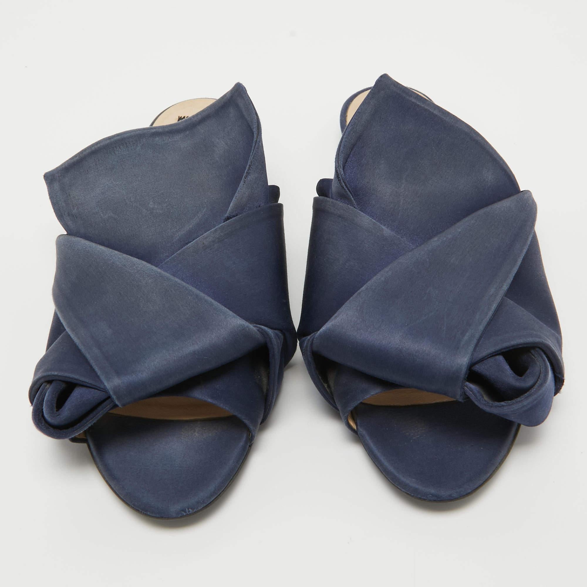 Black N°21 Navy Blue Satin Knot Flat Mules Size 38.5