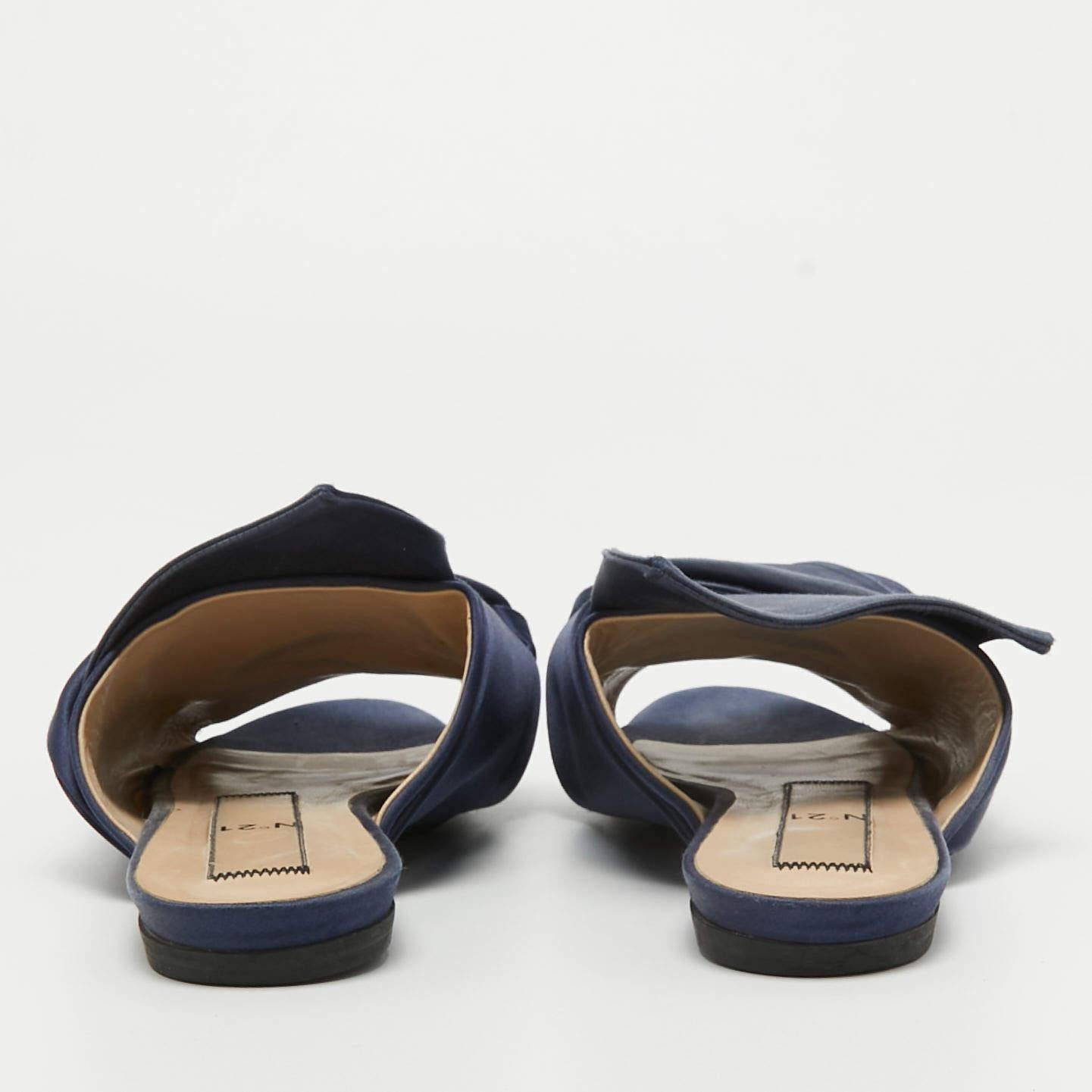Women's N°21 Navy Blue Satin Knot Flat Mules Size 38.5