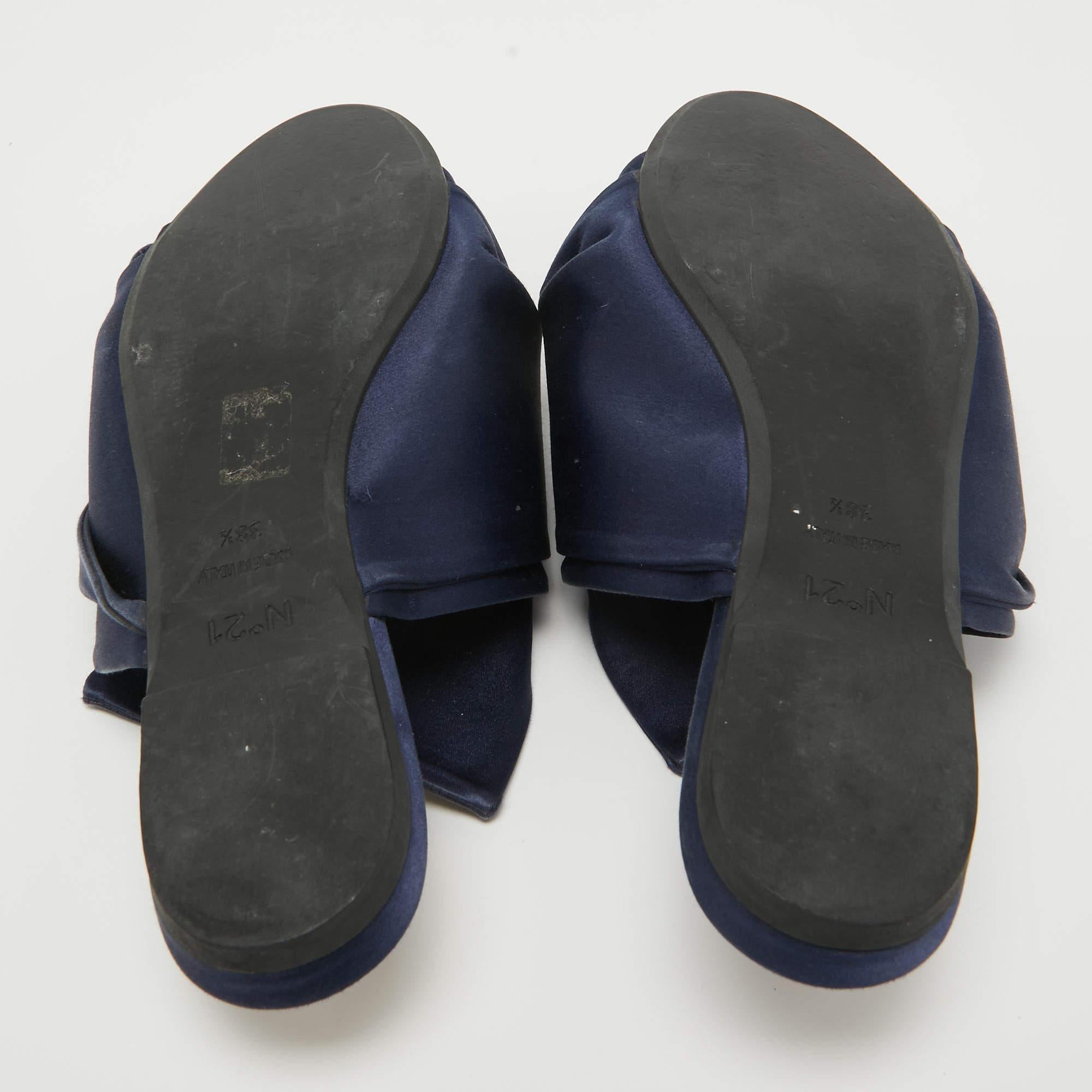 N°21 Navy Blue Satin Knot Flat Mules Size 38.5 1