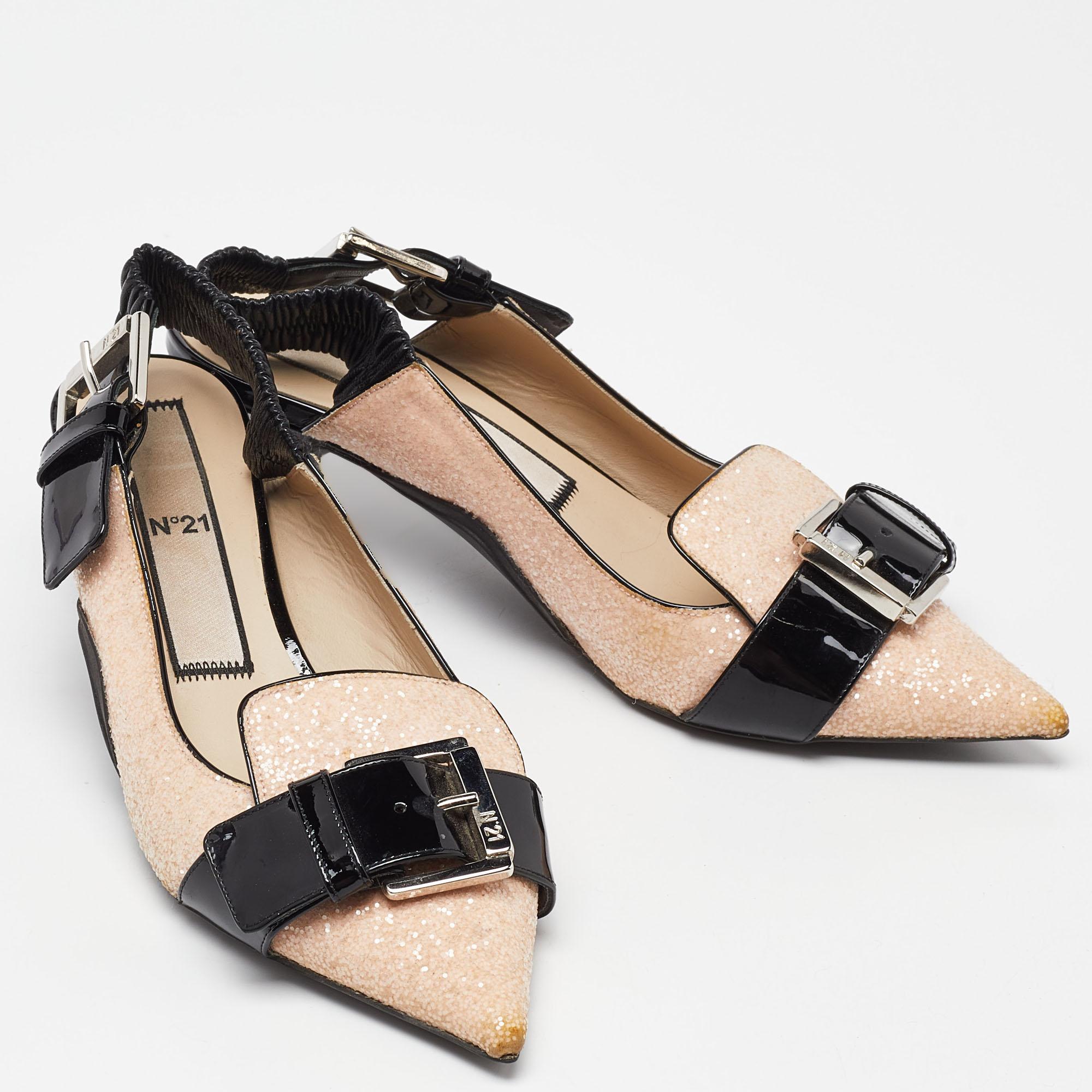 Women's N°21 Pink/Black Glitter and Leather Slingback Pointed Toe Pumps Size 39 For Sale