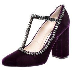 N°21 Purple Velvet Crystal Embellished T-Bar Pumps Size 41