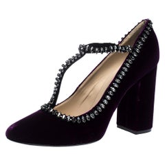 N°21 Purple Velvet Crystal Embellished T Strap Block Heel Pumps Size 42