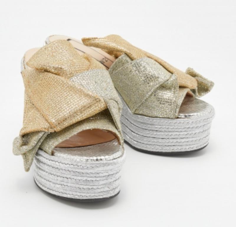 N21 Silver/Gold Fabric Raso Knot Espadrille Platform Wedge Sandals Size 35.5 In Good Condition For Sale In Dubai, Al Qouz 2