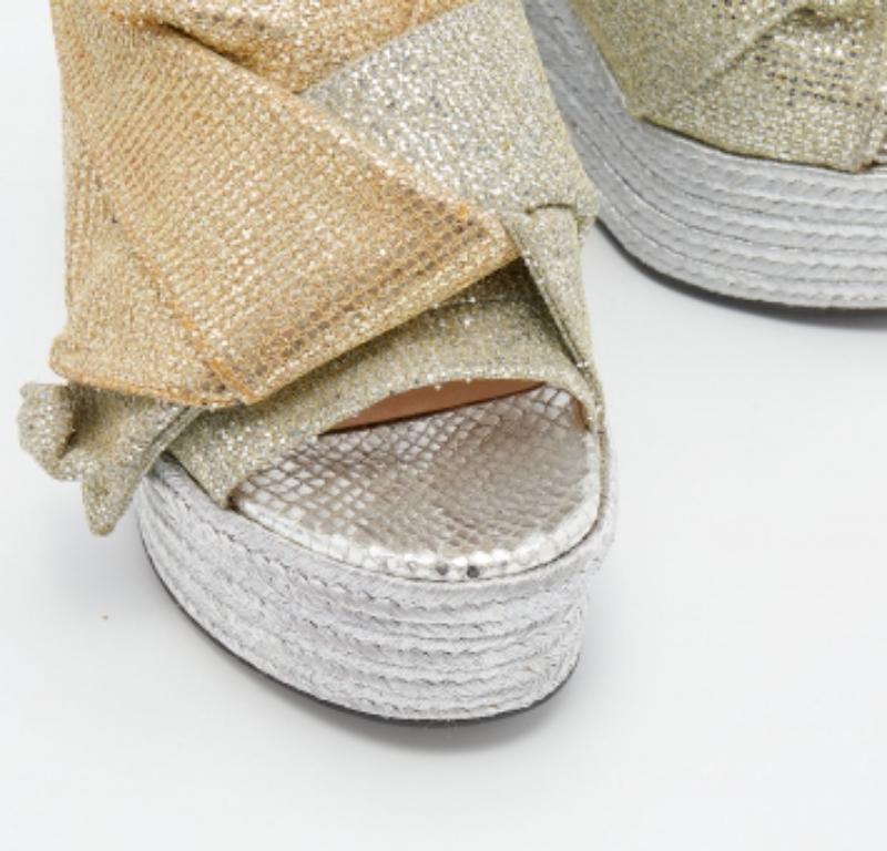 Women's N21 Silver/Gold Fabric Raso Knot Espadrille Platform Wedge Sandals Size 35.5 For Sale