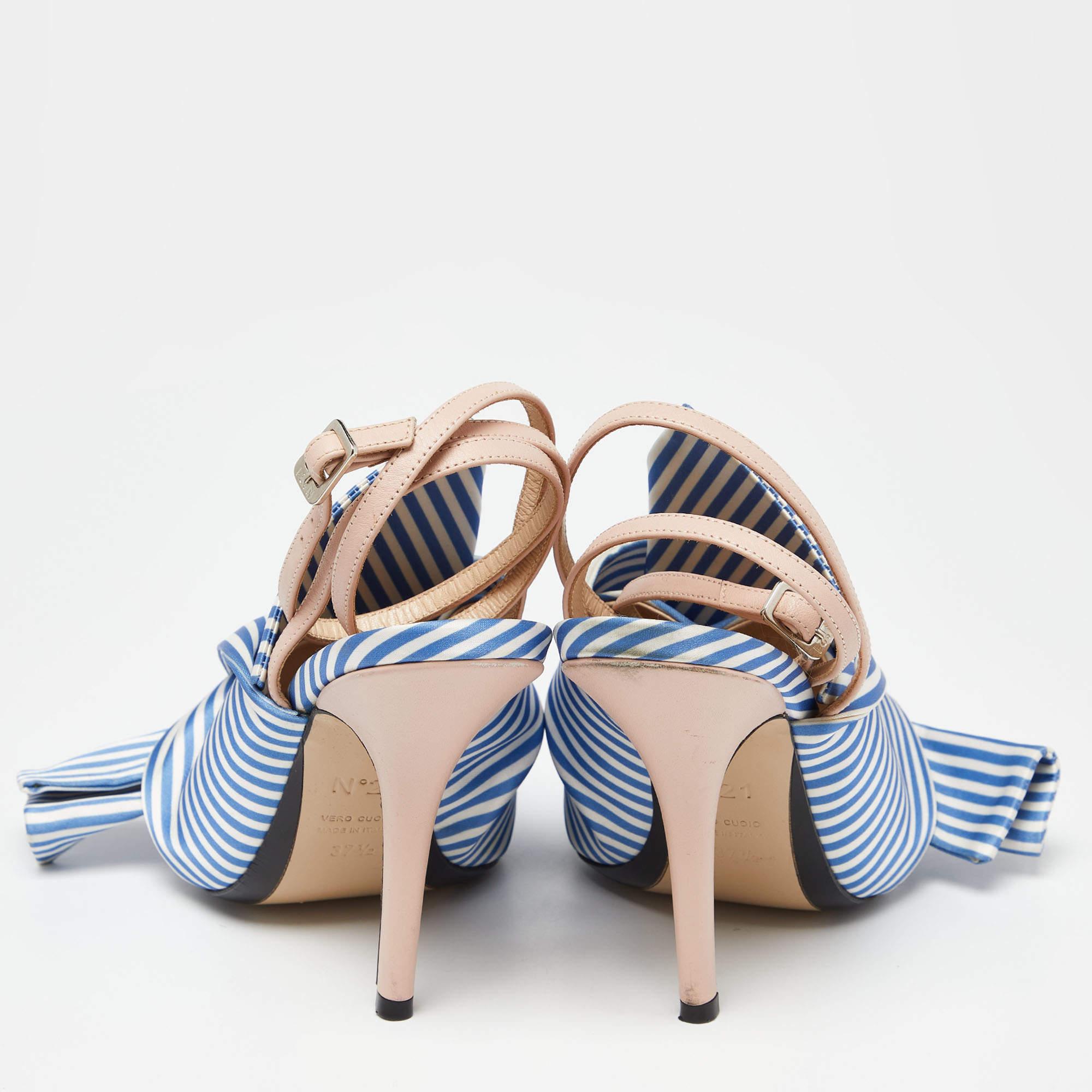 N°21 Sandales à lanières nouées en cuir et satin rayé tricolore Taille 37.5 Pour femmes en vente