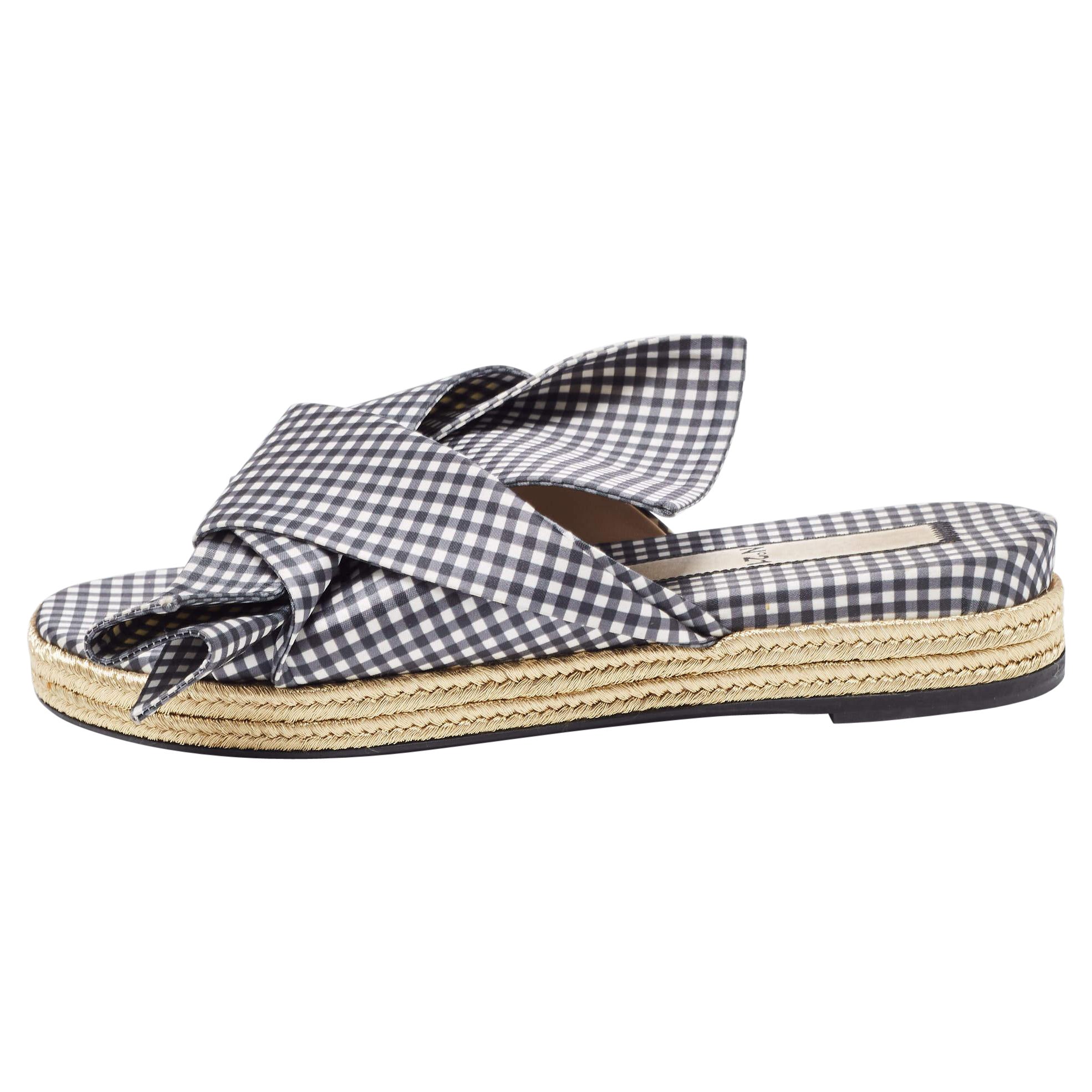 N°21 Blanc/Noir Tissu Nœud Slide Flats Taille 41