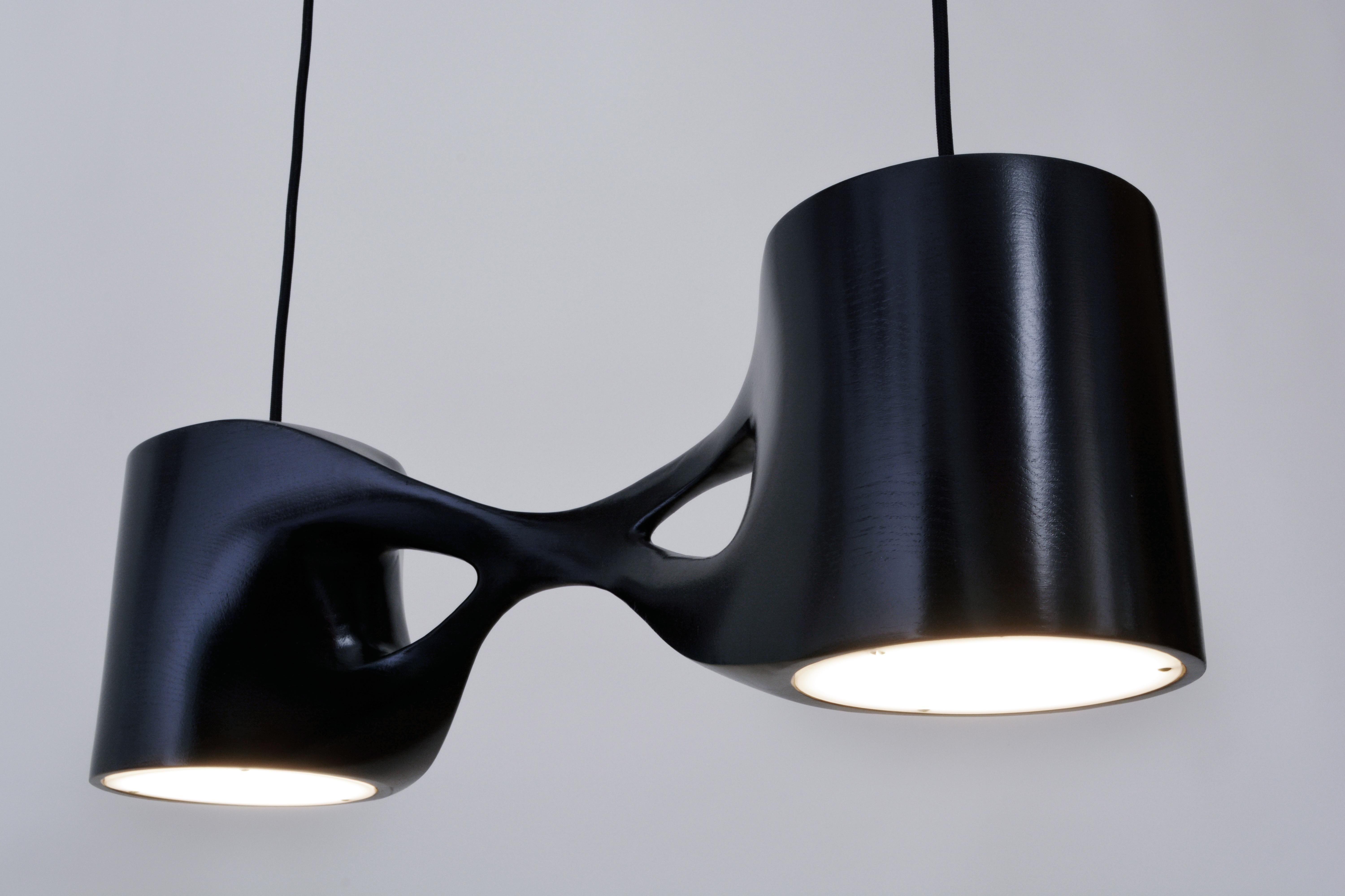 N2D pendant lamp by Aaron Scott
Dimensions: D 18 x W 74 x H 15.5 cm
Materials: ebonized oak.
Also available in other woods: walnut, bleached cherry, ebonized cherry,
ebonized walnut.

All our lamps can be wired according to each country. If