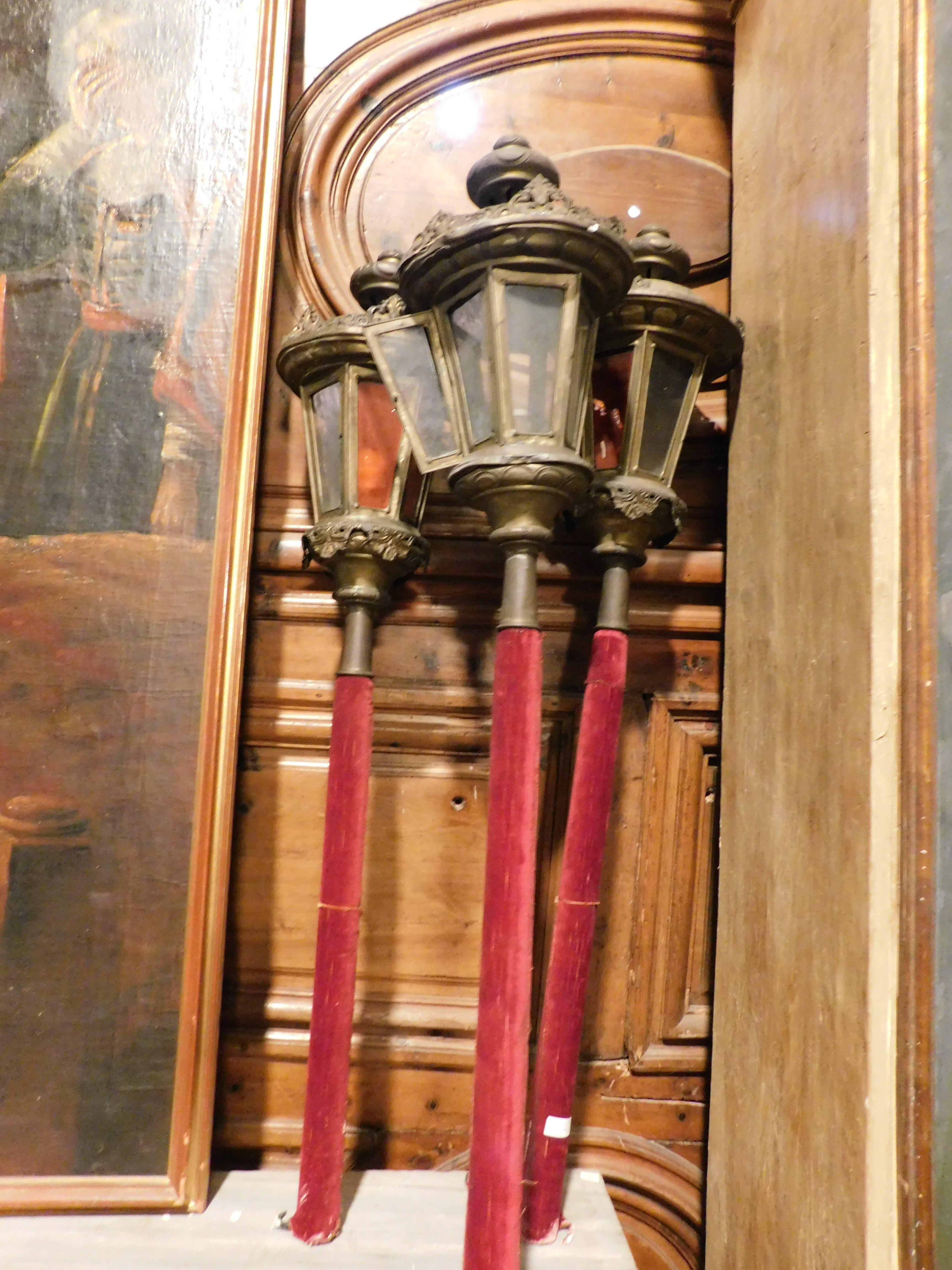 20th Century N.3 Brass Lanterns with Glasses and Wooden Sticks, Early 1900s, Italy For Sale