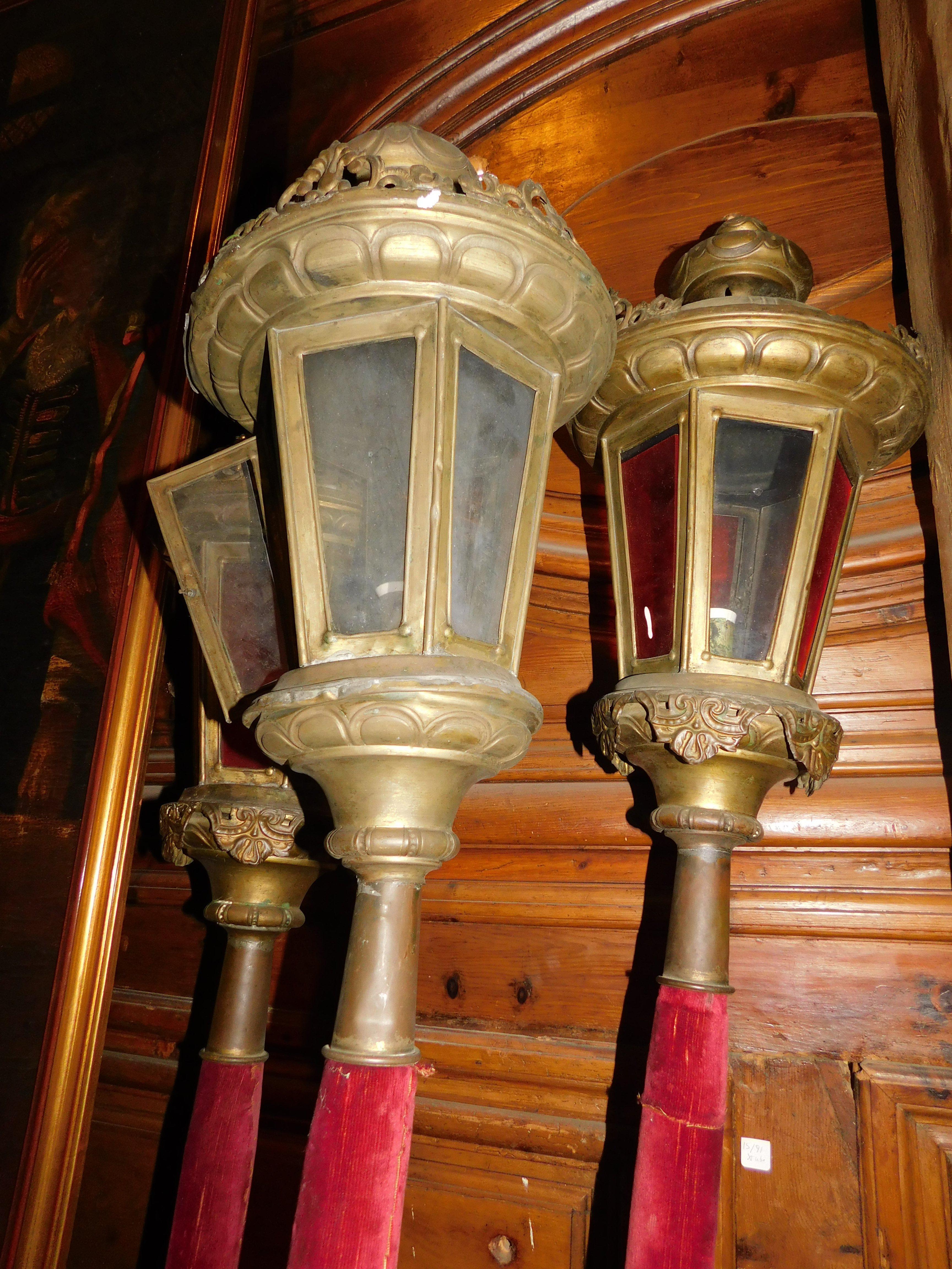 N.3 Brass Lanterns with Glasses and Wooden Sticks, Early 1900s, Italy For Sale 3