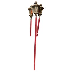 N.3 Brass Lanterns with Glasses and Wooden Sticks, Early 1900s, Italy