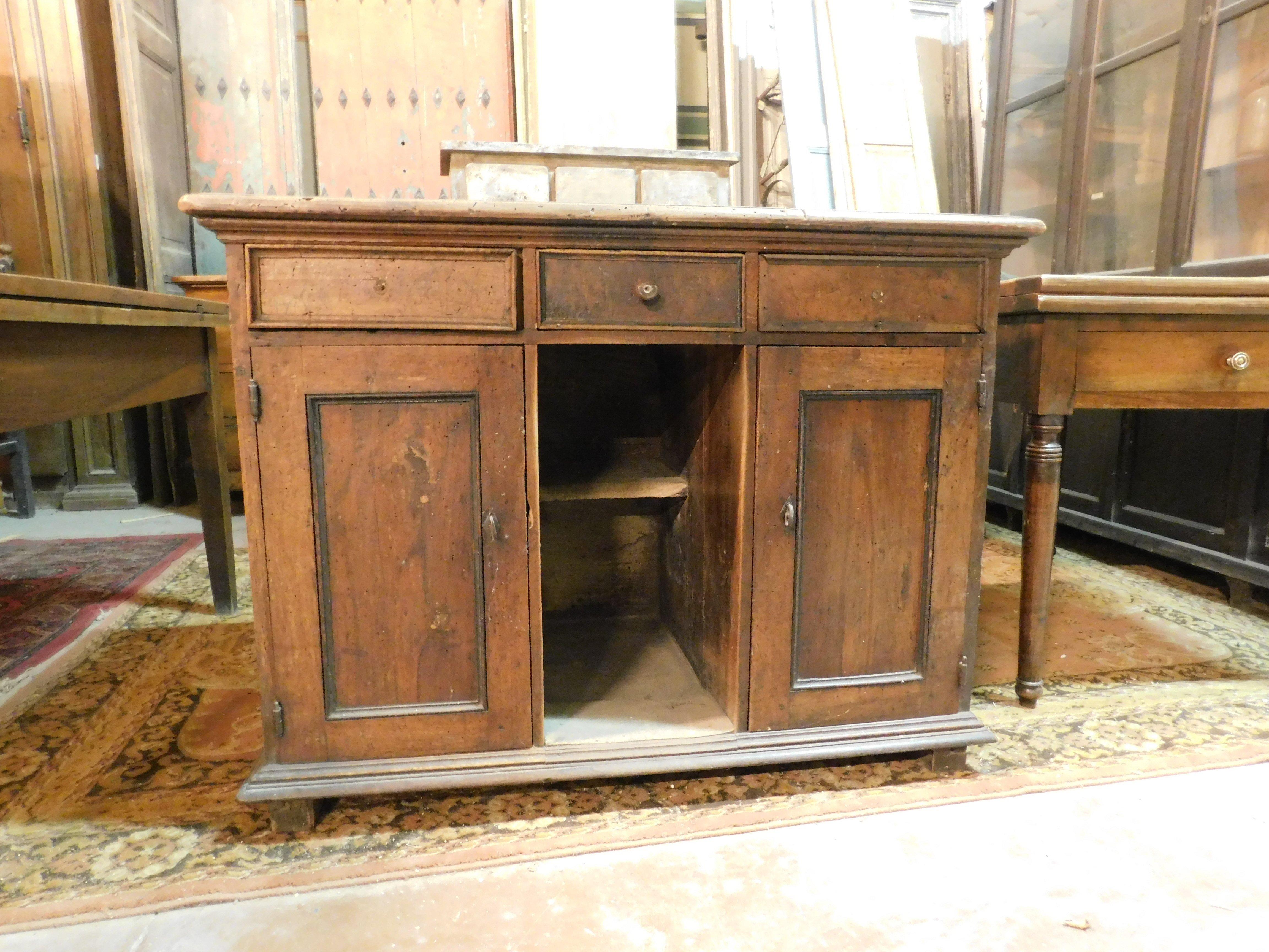 N.3 antique shop counters, they were used for the checkout in a very large shop with multiple workstations, they could be adapted to desks, tables with drawers, kitchen counters, they are all in solid walnut, hand carved with doors and drawers,