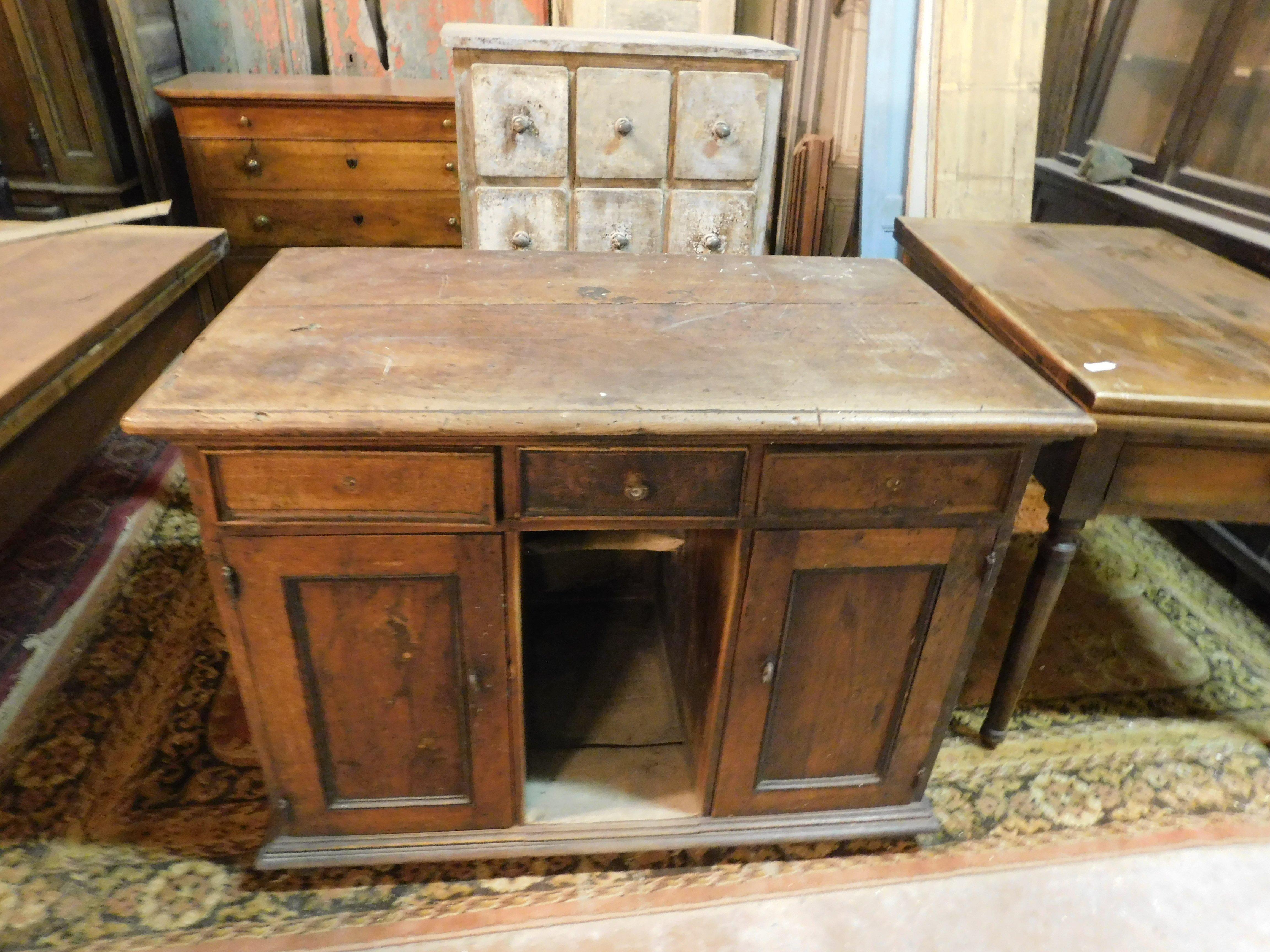 Italian N.3 Counters, Desks, Tables with Drawers, in Carved Walnut, 18th Century Italy For Sale