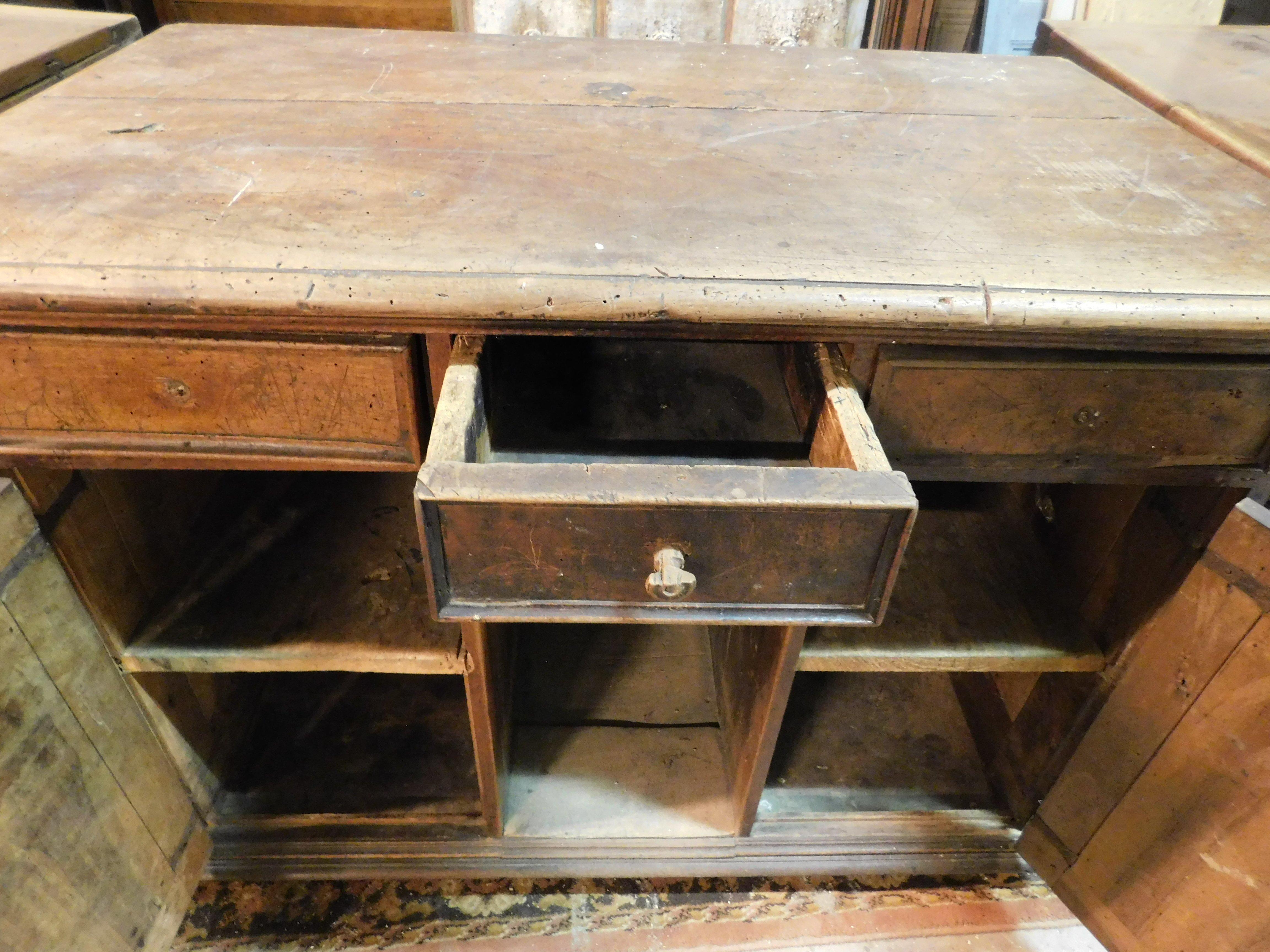 N.3 Counters, Desks, Tables with Drawers, in Carved Walnut, 18th Century Italy In Good Condition For Sale In Cuneo, Italy (CN)