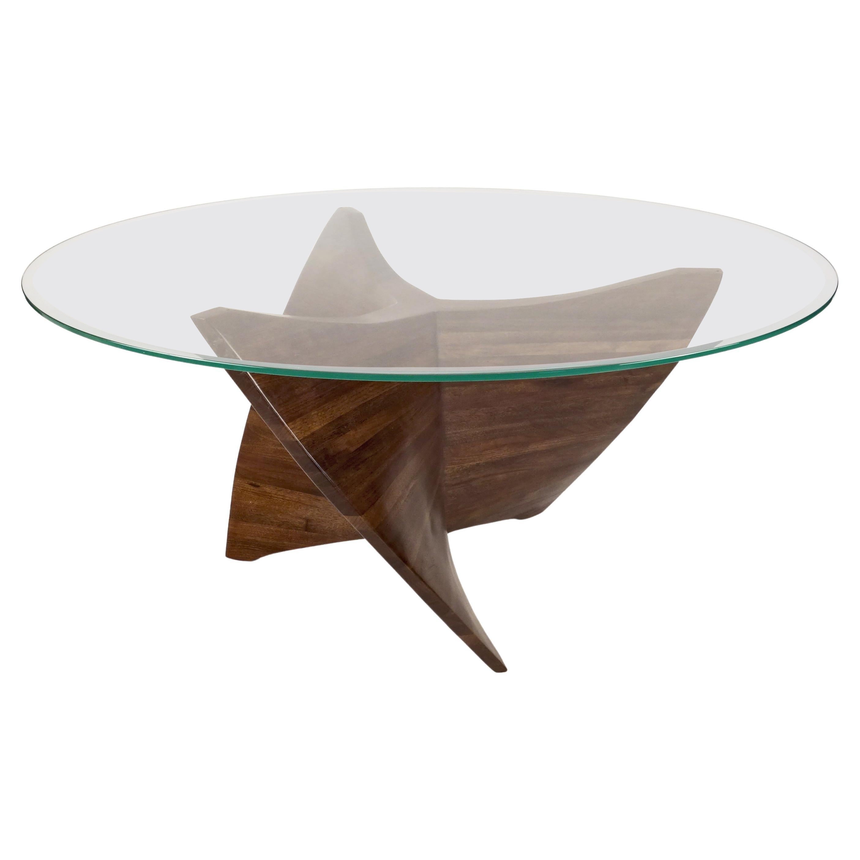 N3 Dining Table, Handcrafted Base in Solid Walnut with Clear Glass Top For Sale