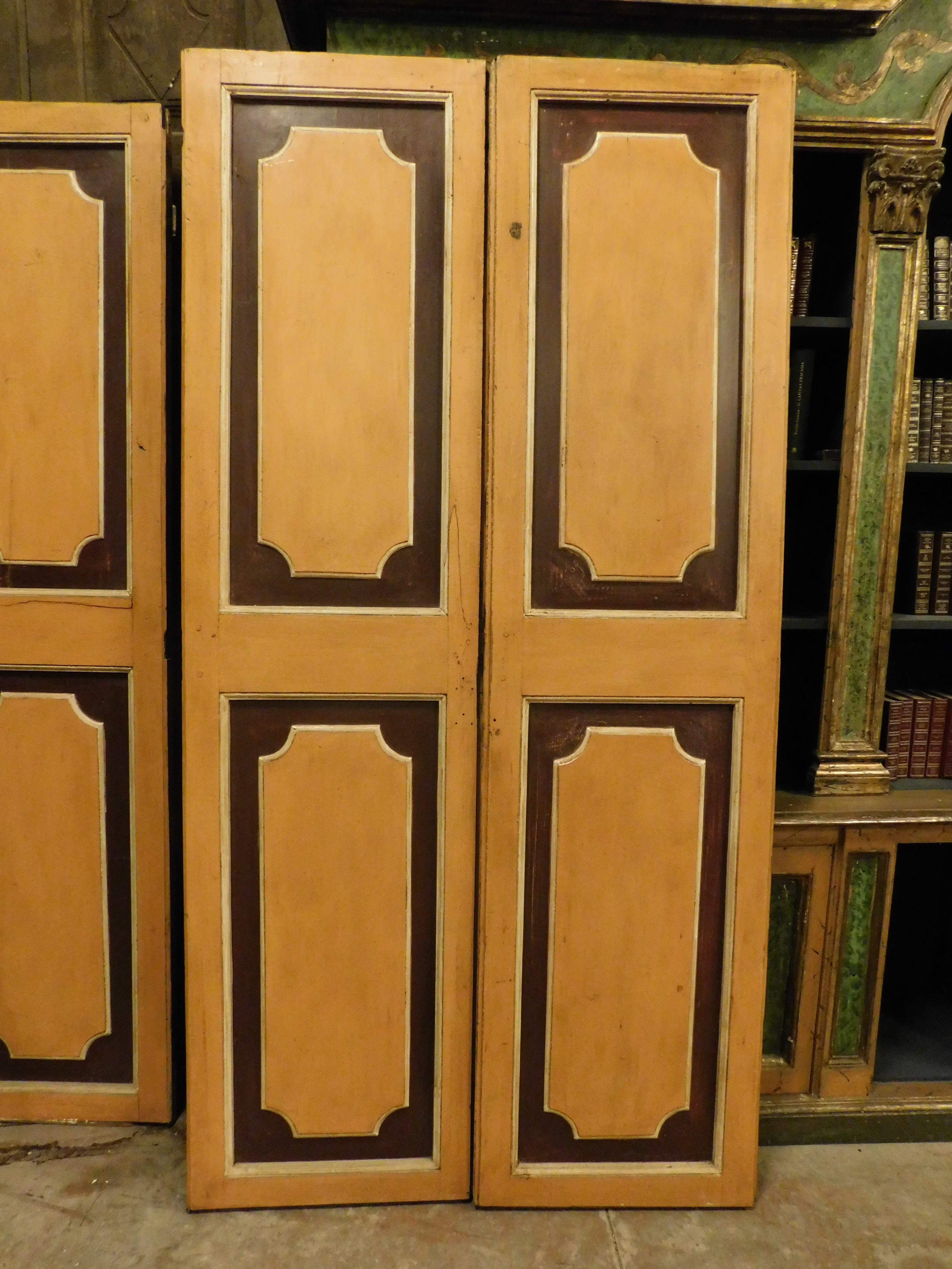 Poplar n.3 double wing lacquered old doors, painted and panels in relief, Italy For Sale