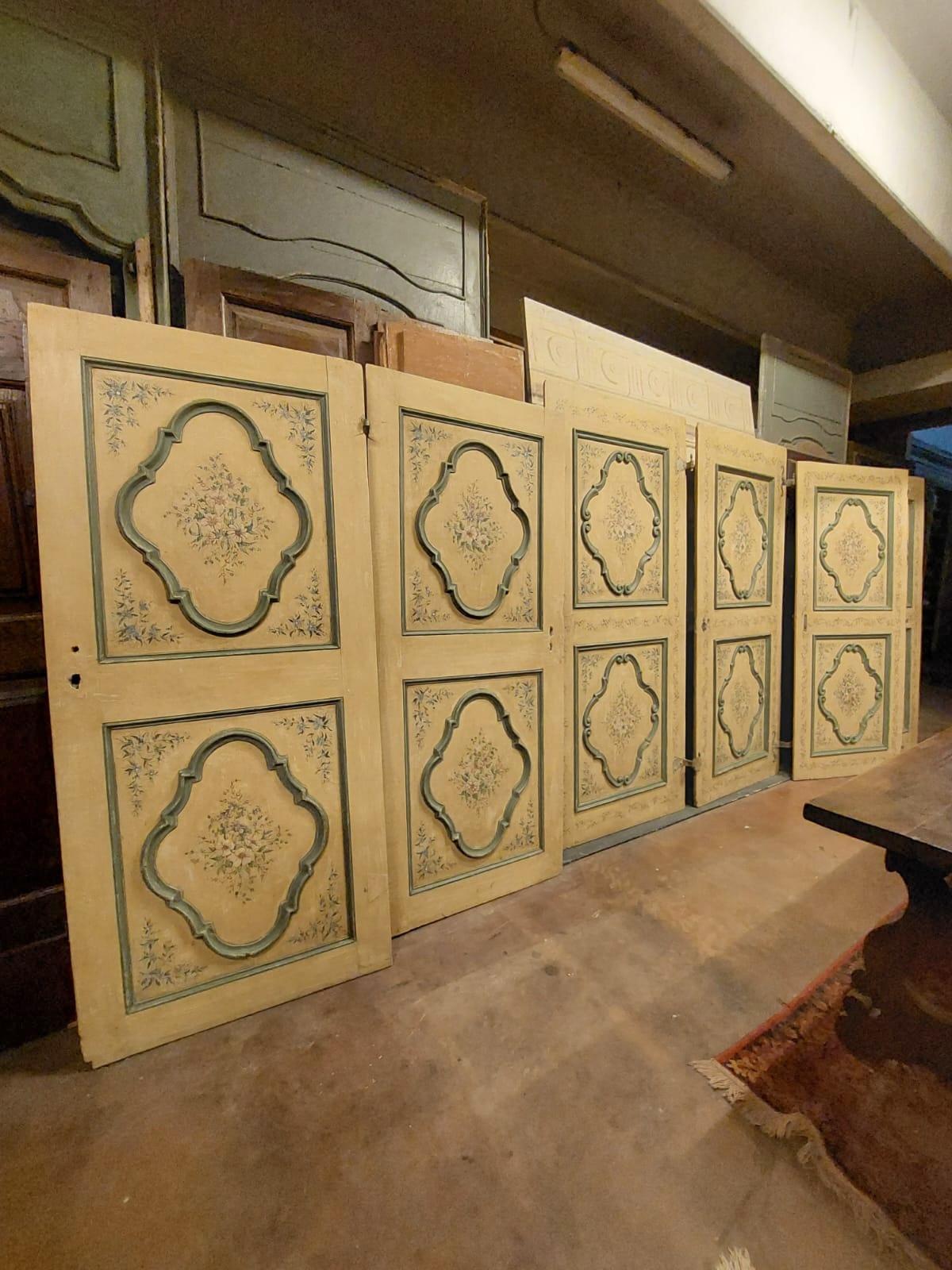 N.4 Ancient interior doors painted and lacquered, carved with a Baroque motif and decorated on both sides, from the early 18th century, built and hand painted for an important building in central Italy.
Beautiful and hard to find in sets of 4, we