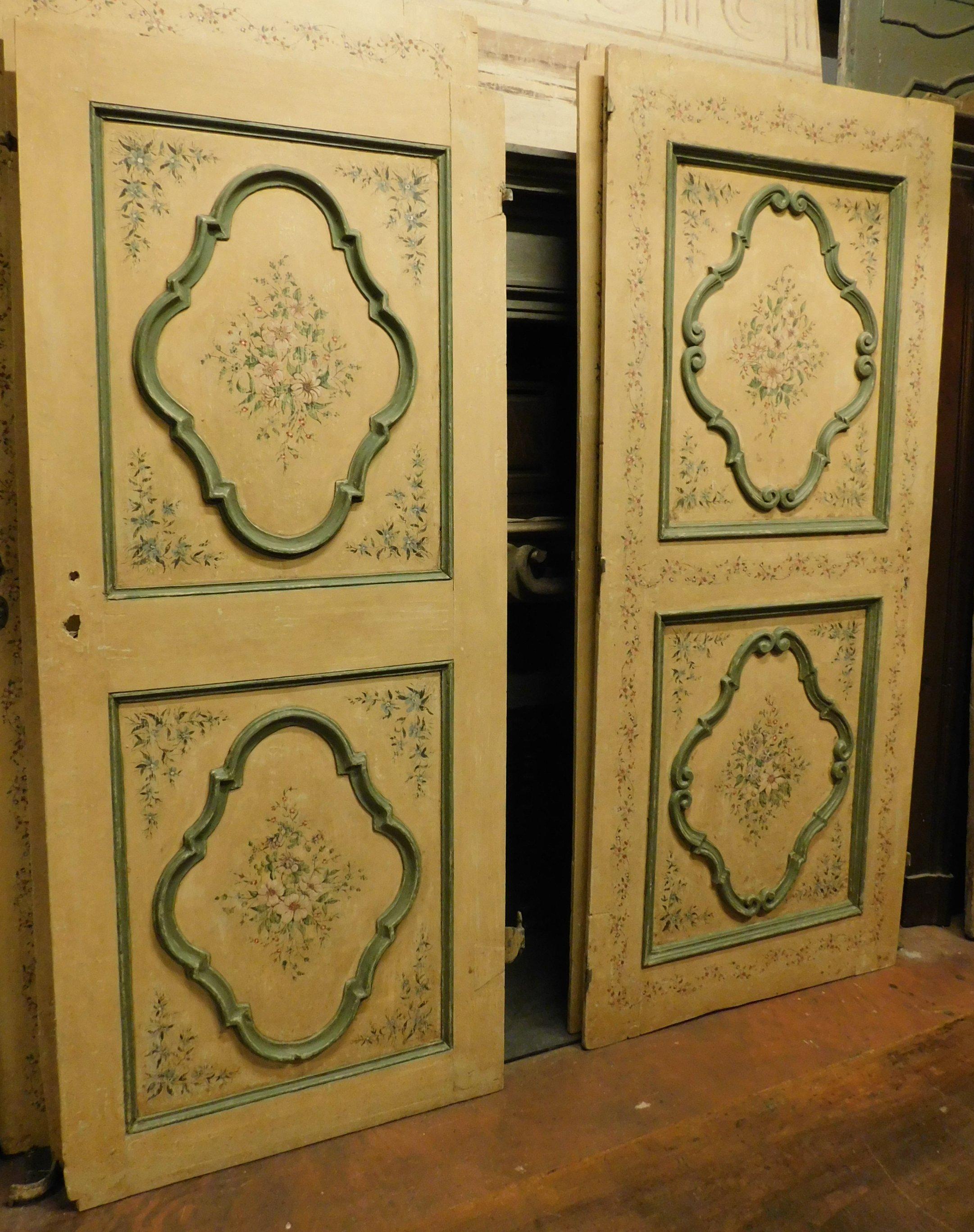 Italian N.4 Antique Interior Doors Painted Lacquered, Double-Faced, 18th Century Italy