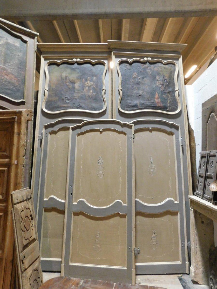 Italian n.6 Antiques Lacquered Doors with Painted Overdoor, Blue Beige Paint, Italy 1700 For Sale