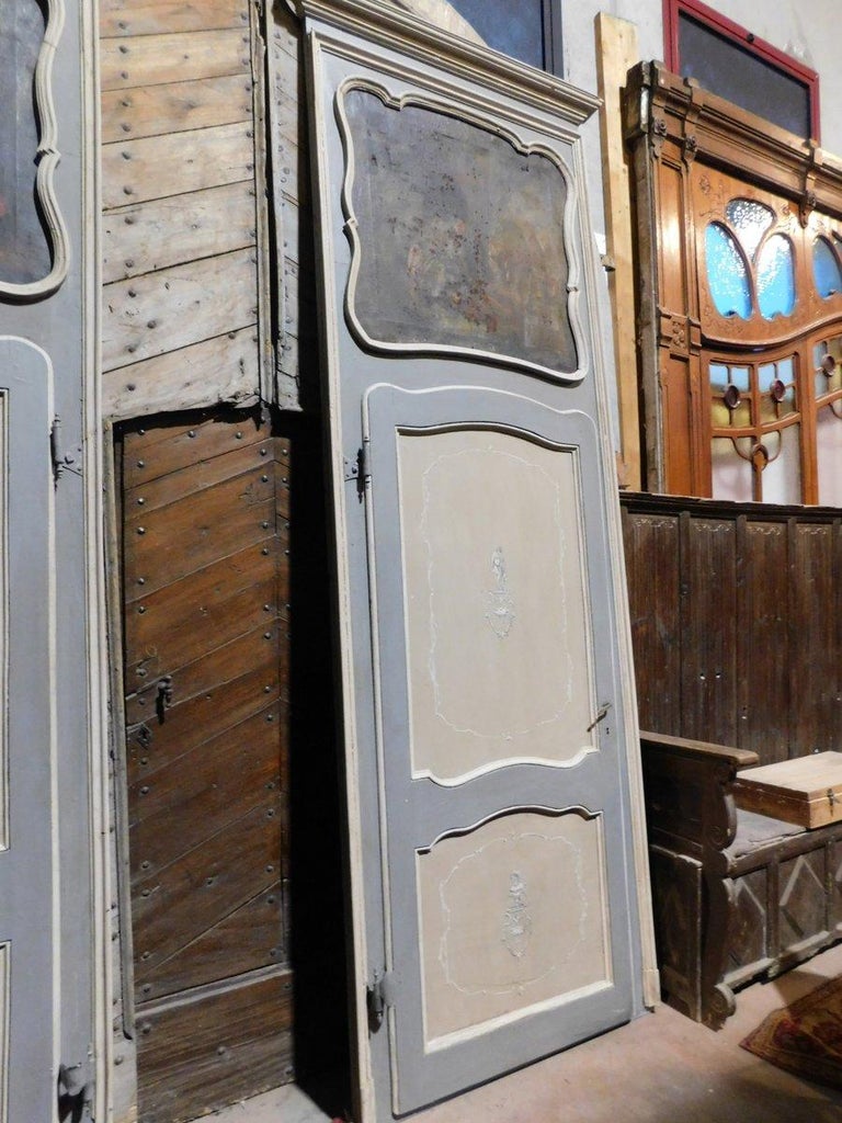 n.6 Antiques Lacquered Doors with Painted Overdoor, Blue Beige Paint