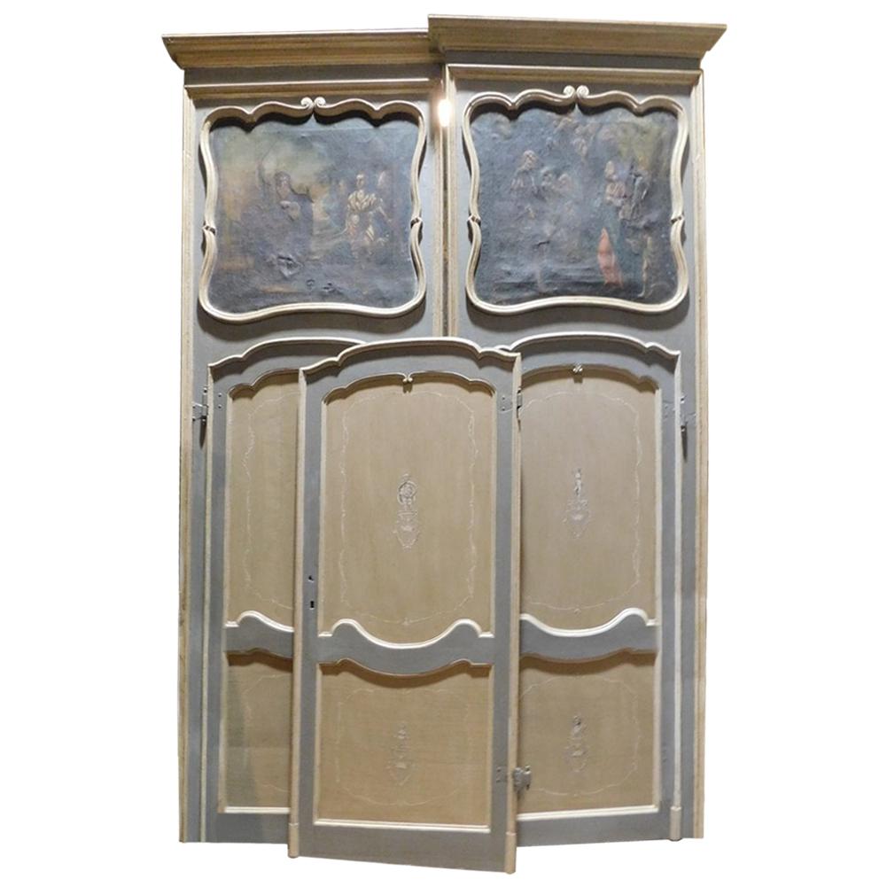 n.6 Antiques Lacquered Doors with Painted Overdoor, Blue Beige Paint, Italy 1700 For Sale