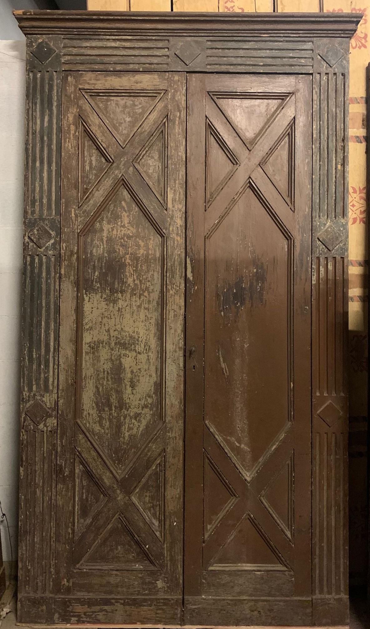 Set of 9 antique interior doors, double doors lacquered in shades of green and brown but each with a different finish, all carved with original frame, from Piedmont (Italy), 18th century, not all the same in size, finish and lacquer , to be restored
