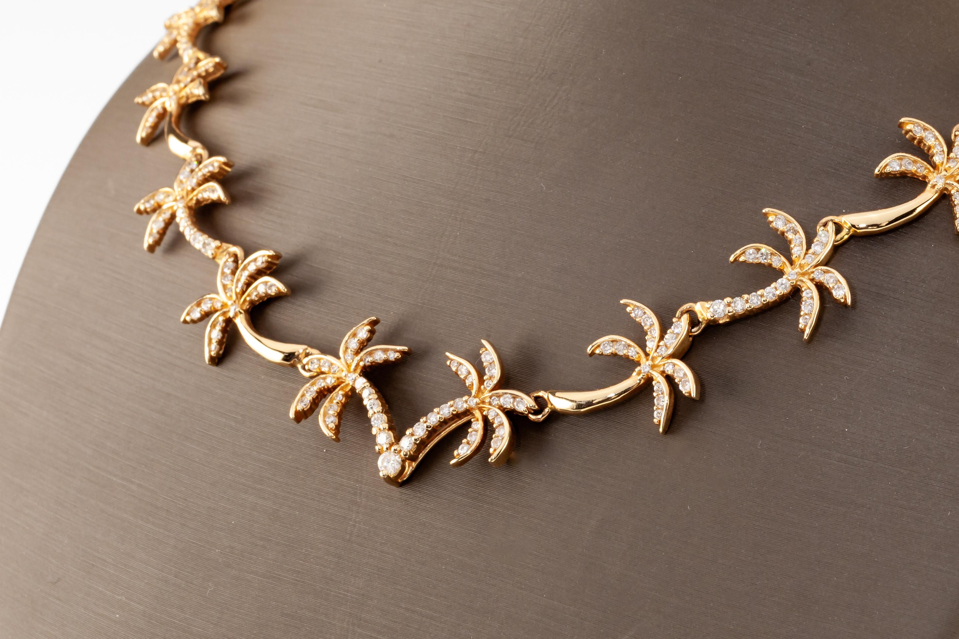 Round Cut Na Hoku 14k Yellow Gold Diamond Palm Tree Link Bracelet + Necklace Set