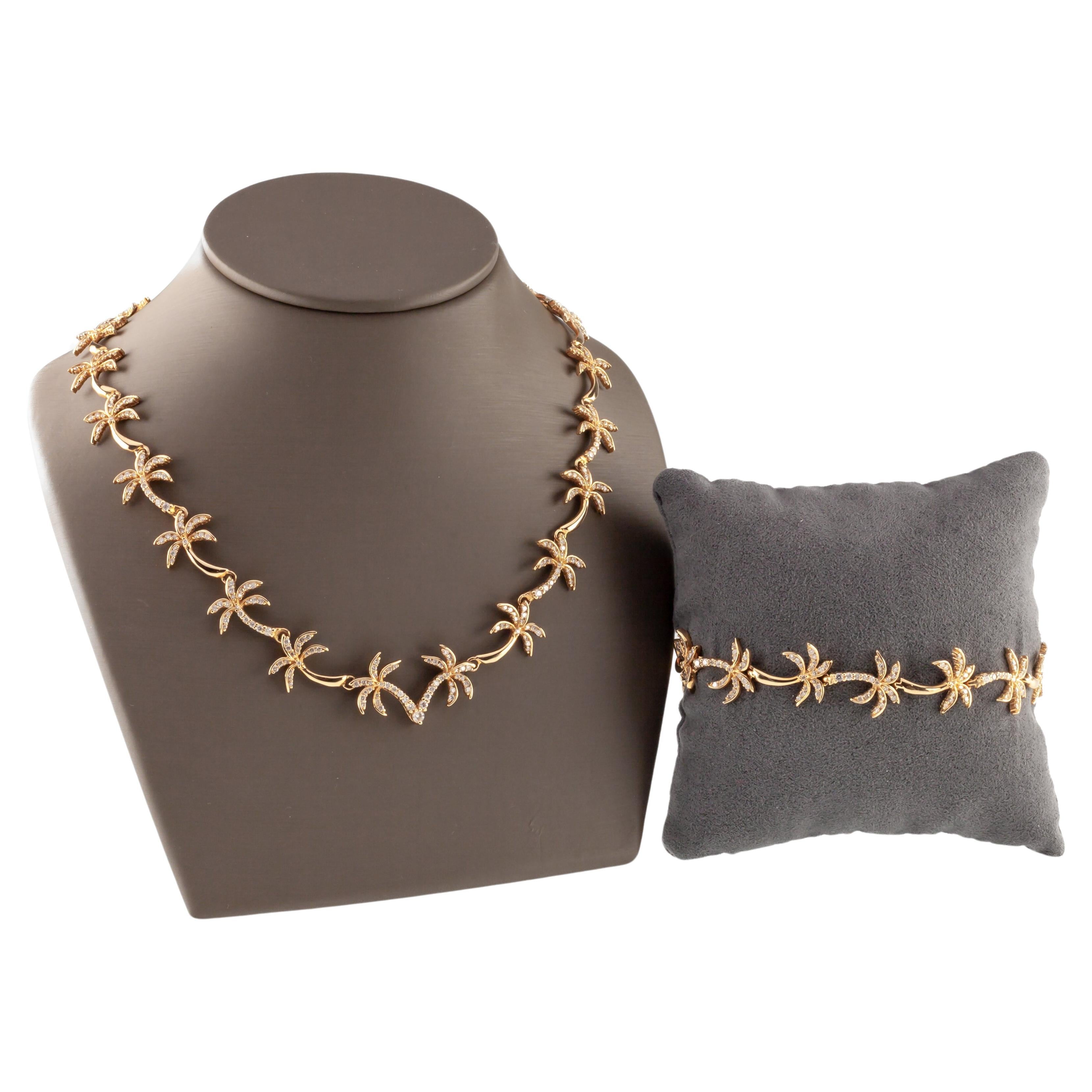 Na Hoku 14k Yellow Gold Diamond Palm Tree Link Bracelet + Necklace Set