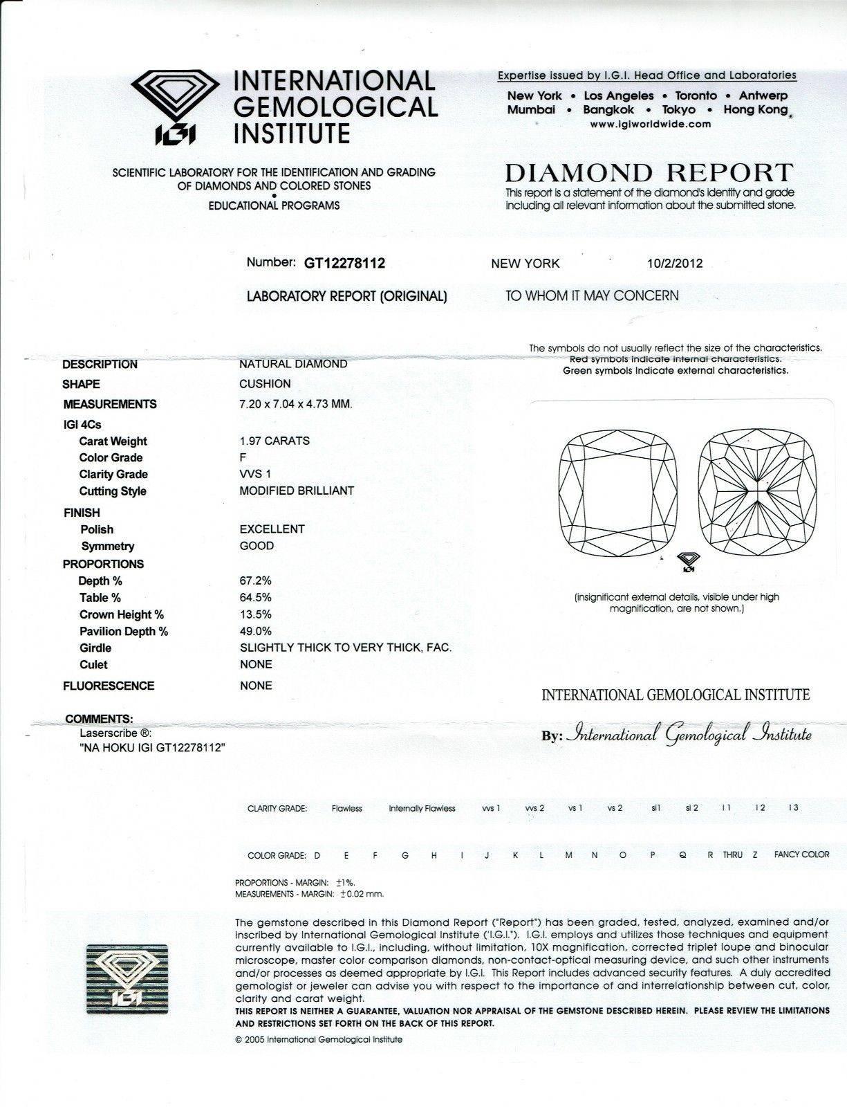 Na Hoku Cushion Cut Diamond Engagement Ring 1.97 Carat F VVS1 18 Karat Gold For Sale 2