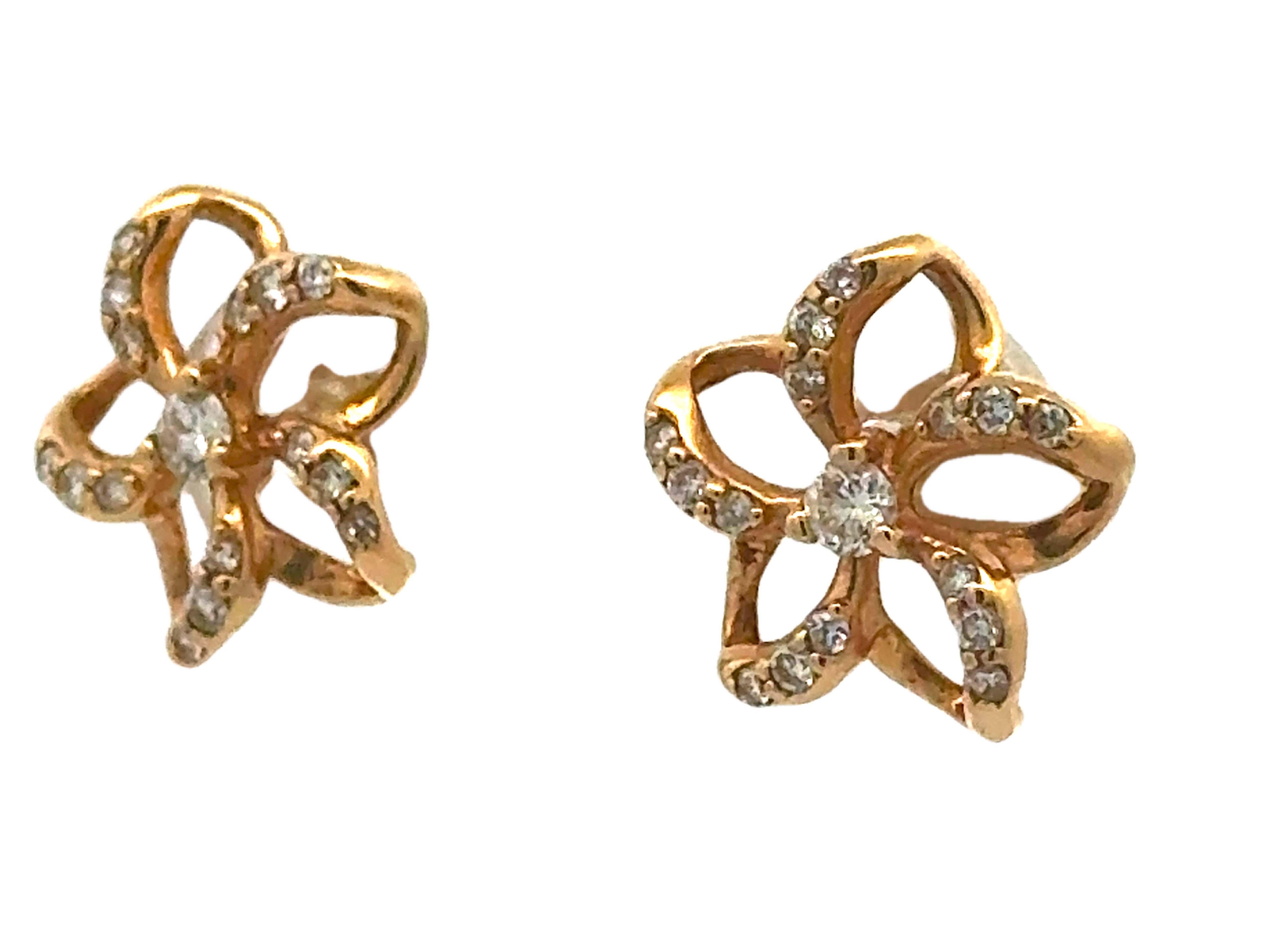 Pendientes Na Hoku Plumeria Diamante Oro Amarillo 14K Corte brillante en venta