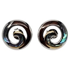 NA Hoku Sterling Silver & 18K Two Tone Swirl Disc Inlay Stud Earrings #24453