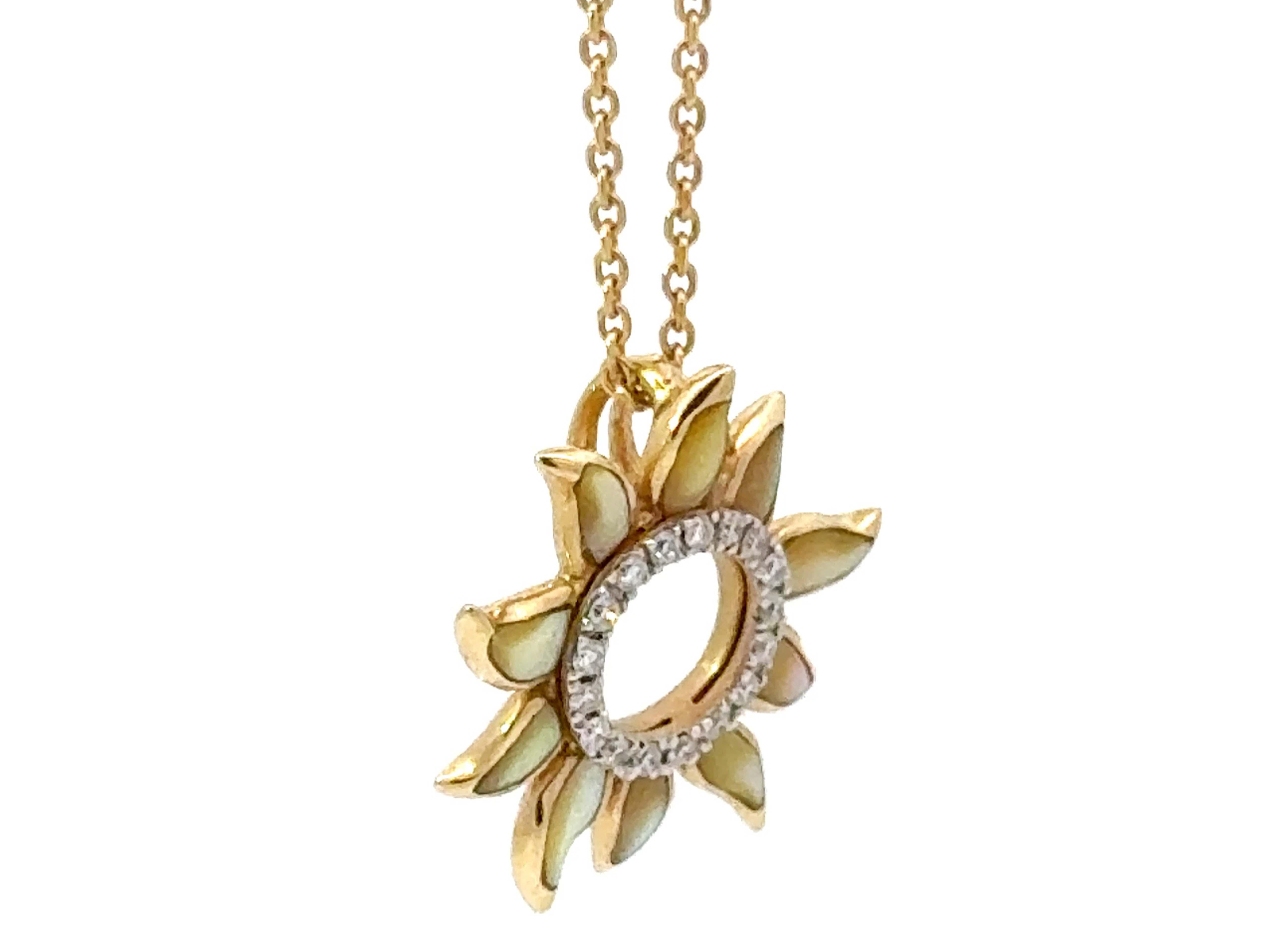 Modern Na Hoku Sun Yellow Mother of Pearl and Diamond Necklace 14k Yellow Gold For Sale