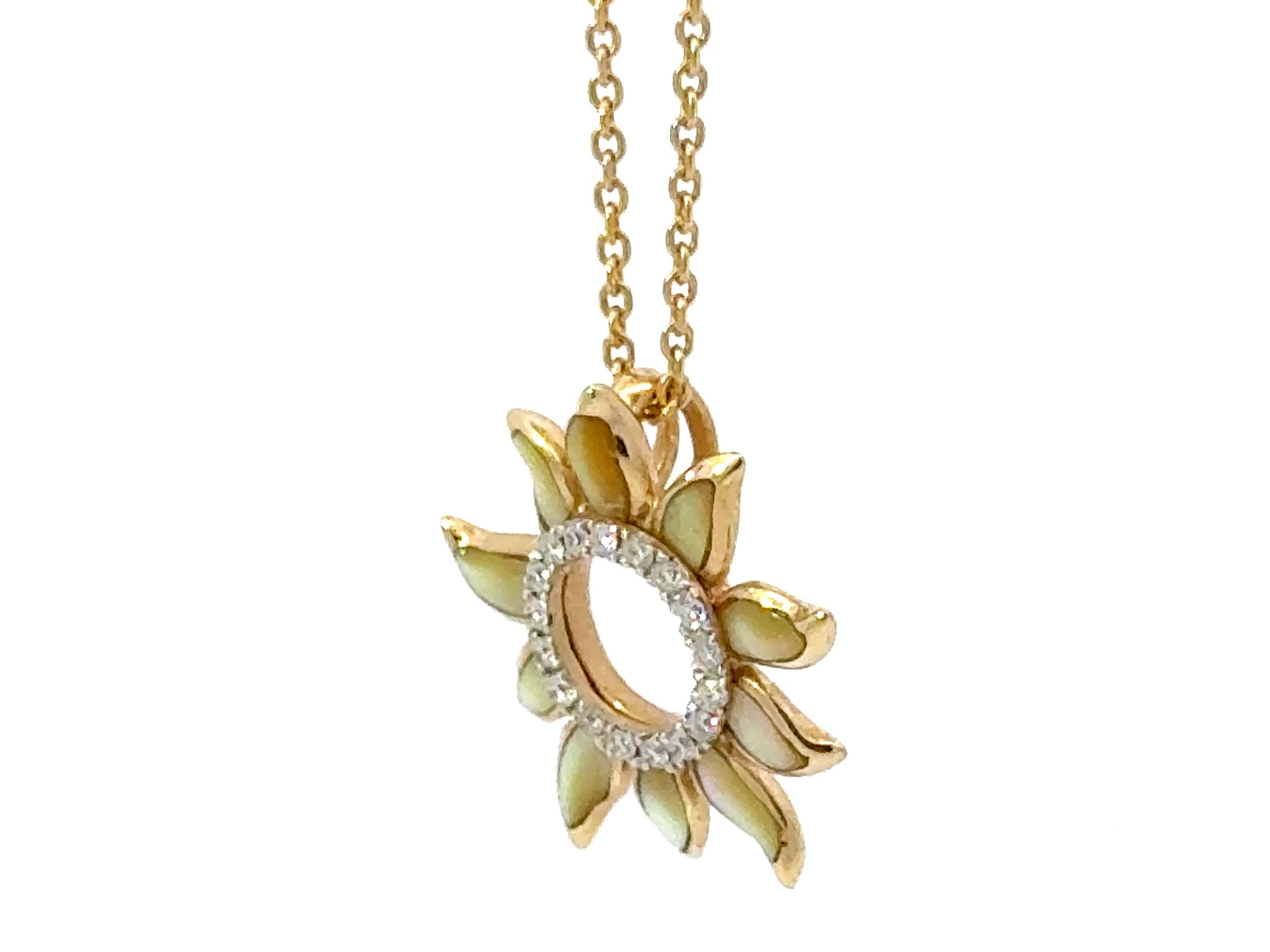 Brilliant Cut Na Hoku Sun Yellow Mother of Pearl and Diamond Necklace 14k Yellow Gold