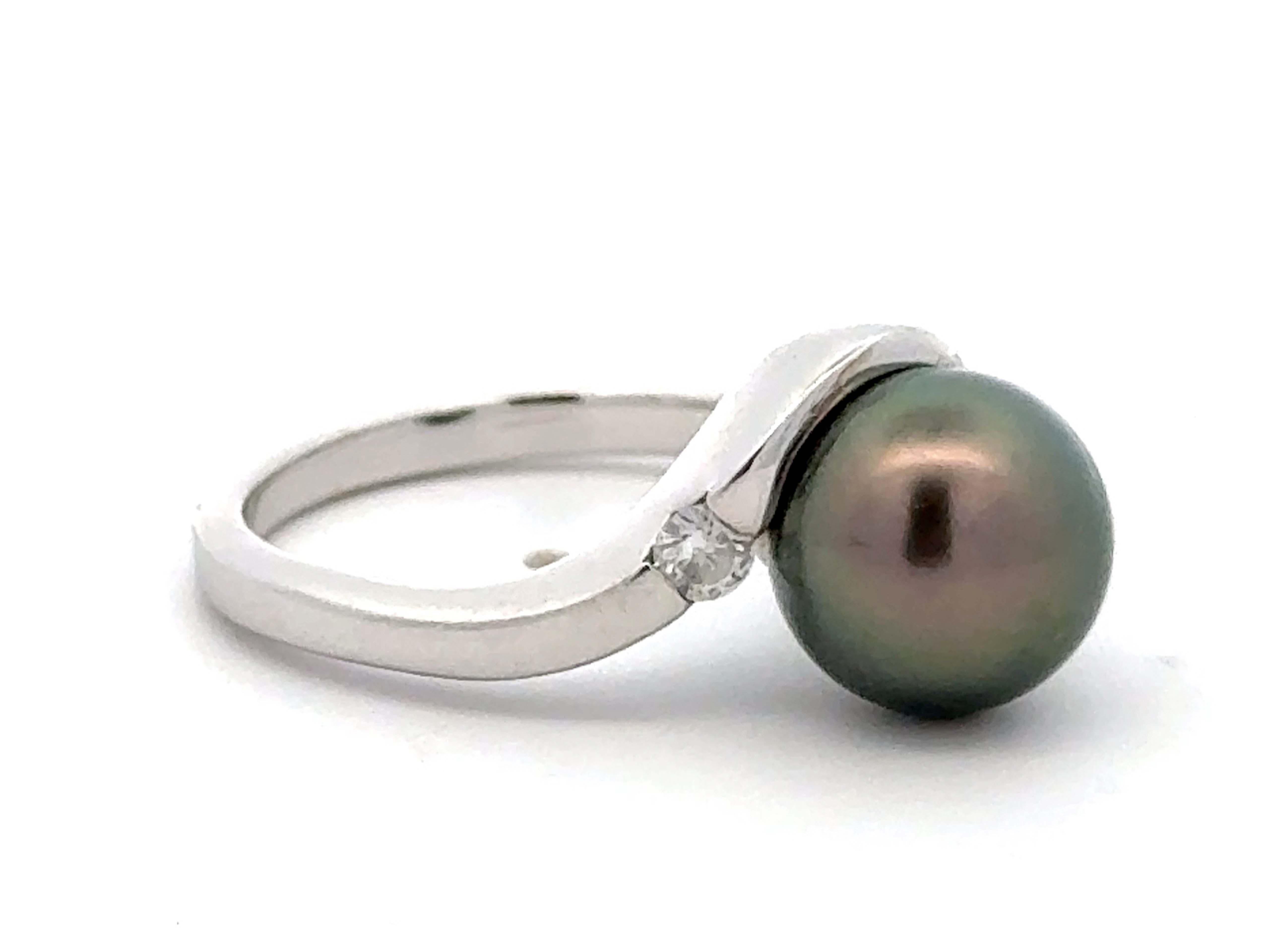 Modern Na Hoku Tahitian Pearl Diamond Ring 14K White Gold For Sale