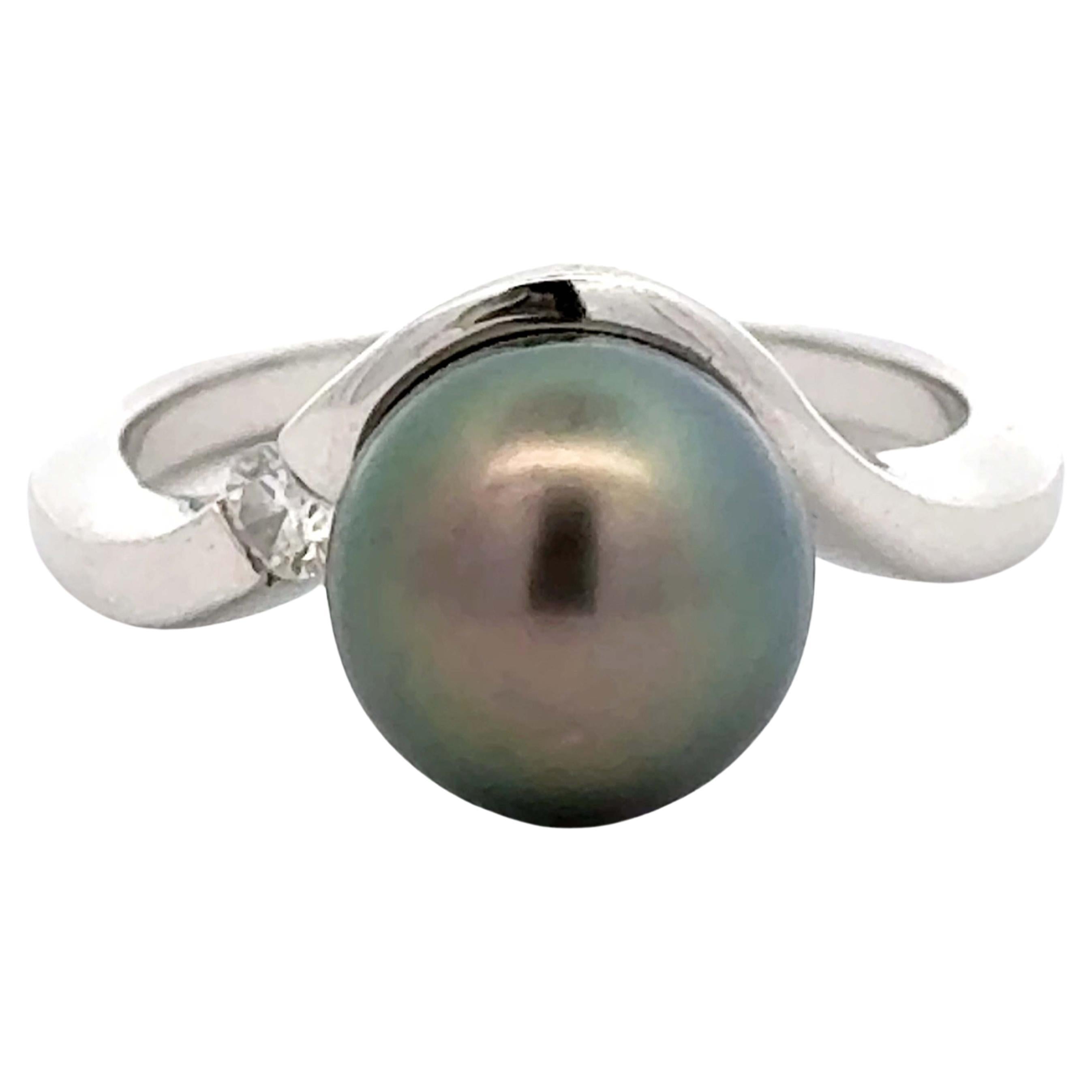 Na Hoku Tahitian Pearl Diamond Ring 14K White Gold For Sale at 1stDibs