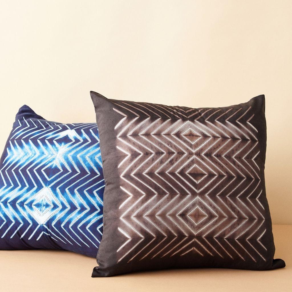 Custom design by Studio Variously, NAAMI Black pillow is handmade by master artisans in India. A sustainable design brand based out of Michigan, Studio Variously exclusively collaborates with artisan communities to restore and revive ancient