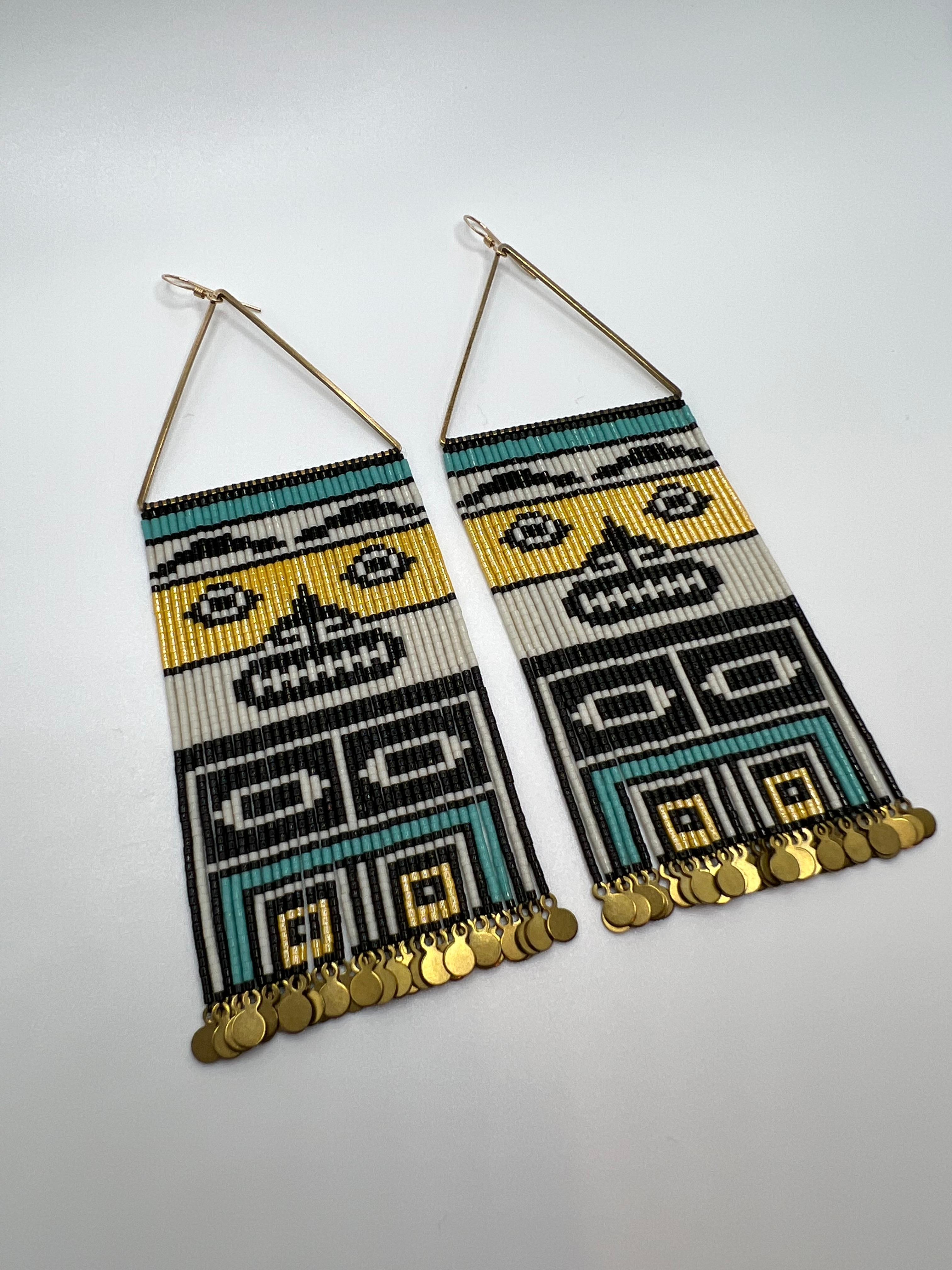 These earrings are based on the Naaxiin or Chilkat style of weaving of the Northwest coast. This art is so complex and has so much history and power, it deserves to be held in high esteem and to be known and celebrated. 