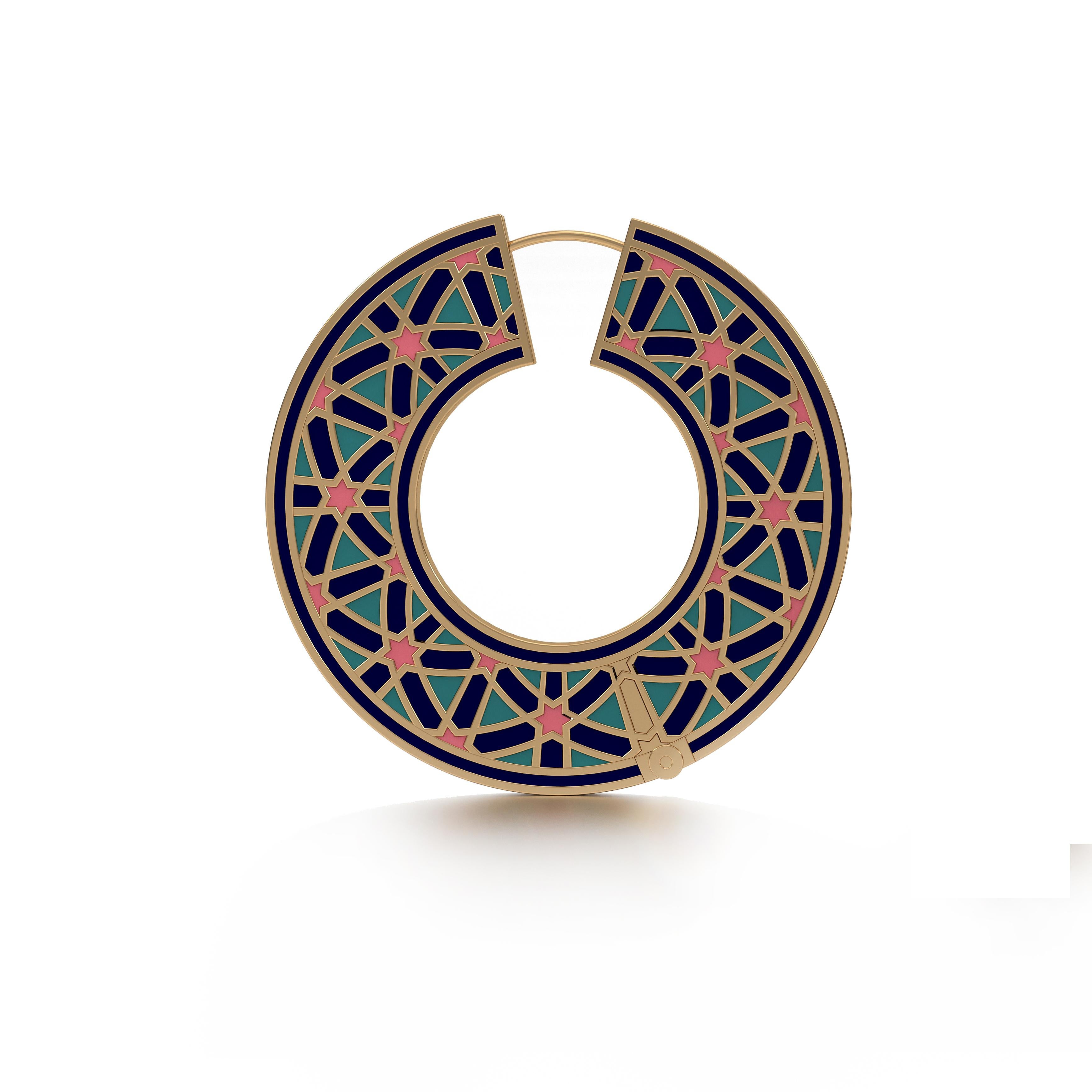 Naaz Circular Hoops Medium, from our award winning Miraas collection meticulously crafted in 18kt gold, with finely assorted diamonds, and set with 6 point star Persion girih pattern in specially formulated Prussian Blue, Pastel Turquoise and Melon