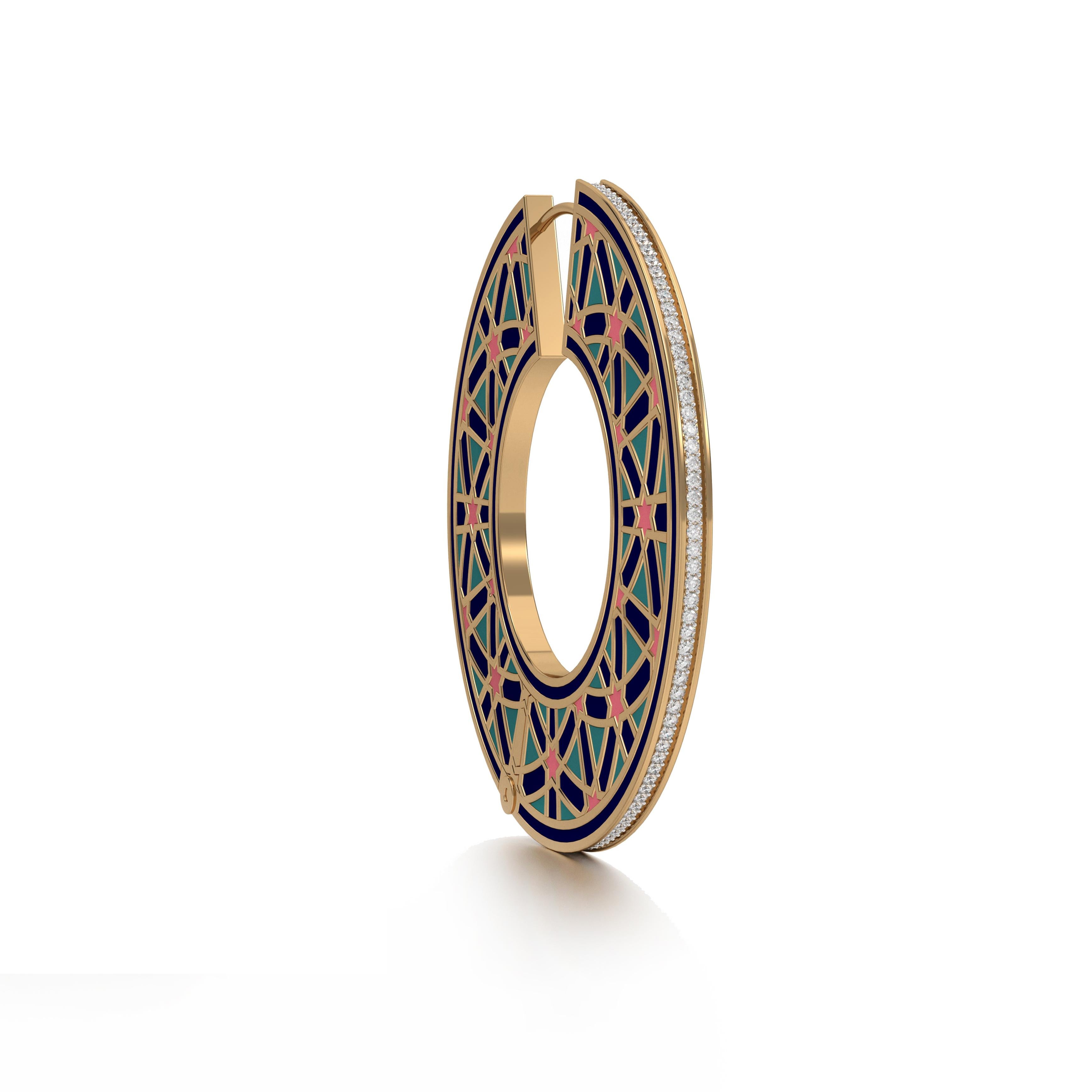 Round Cut SOHNAA 18Kt Gold Diamond Enamel Miraas Naaz Circular Hoops Earrings For Sale