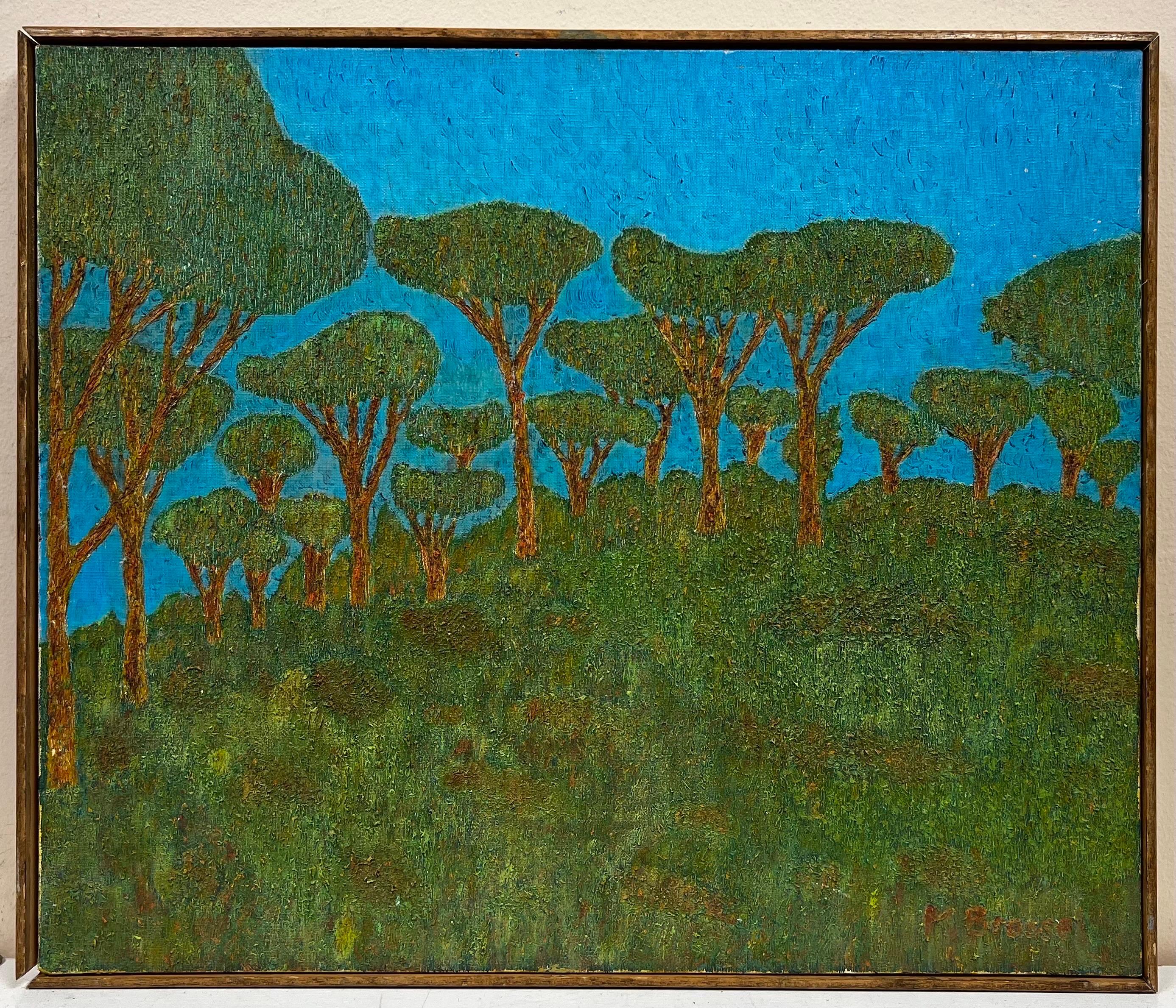 Magnífico Óleo Francés Firmado Escuela de Les Nabis Árboles Altos Paisaje Verde Cielo Azul - Painting de Nabis School