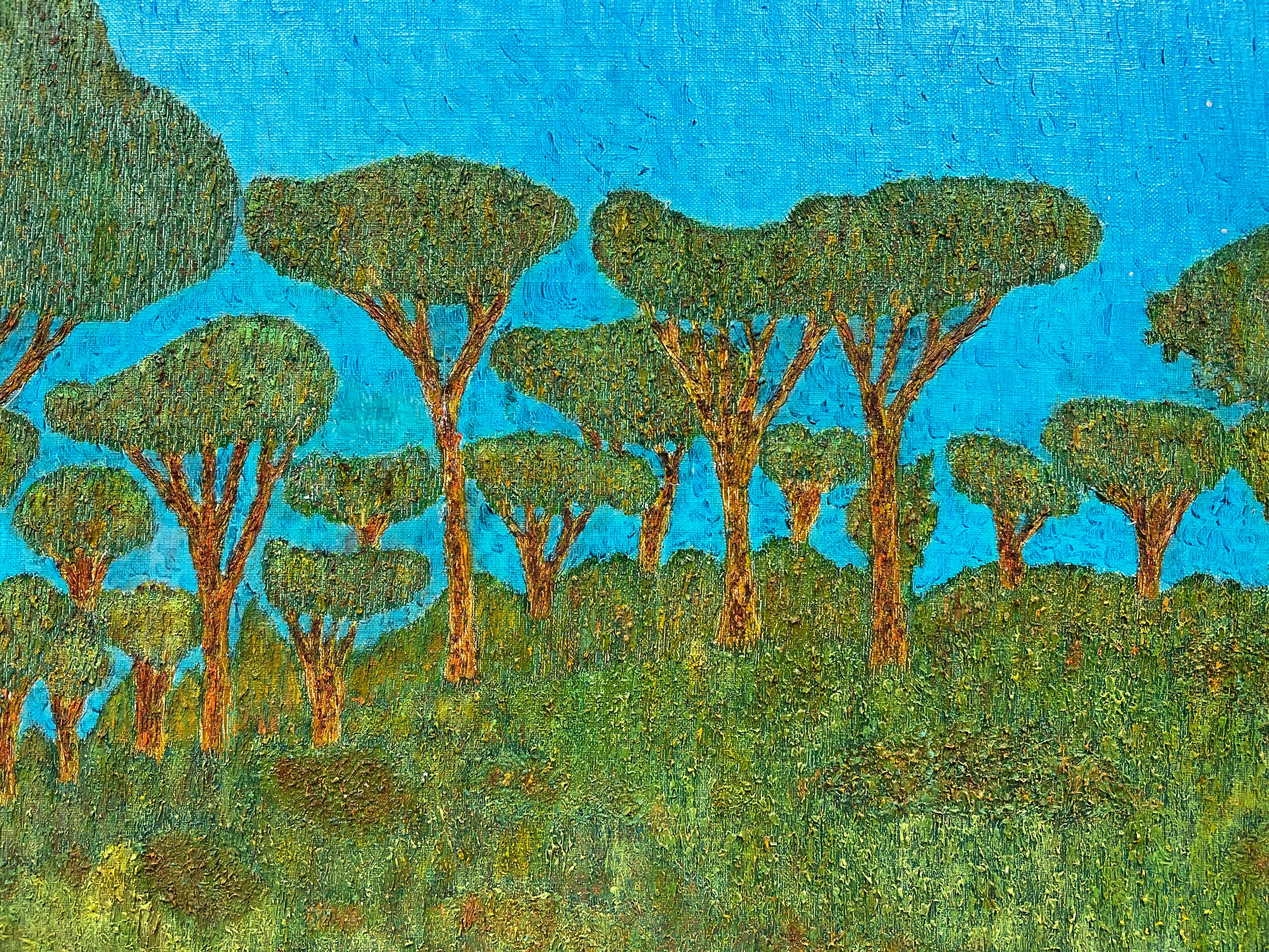 Magnífico Óleo Francés Firmado Escuela de Les Nabis Árboles Altos Paisaje Verde Cielo Azul - Painting Posimpresionista de Nabis School