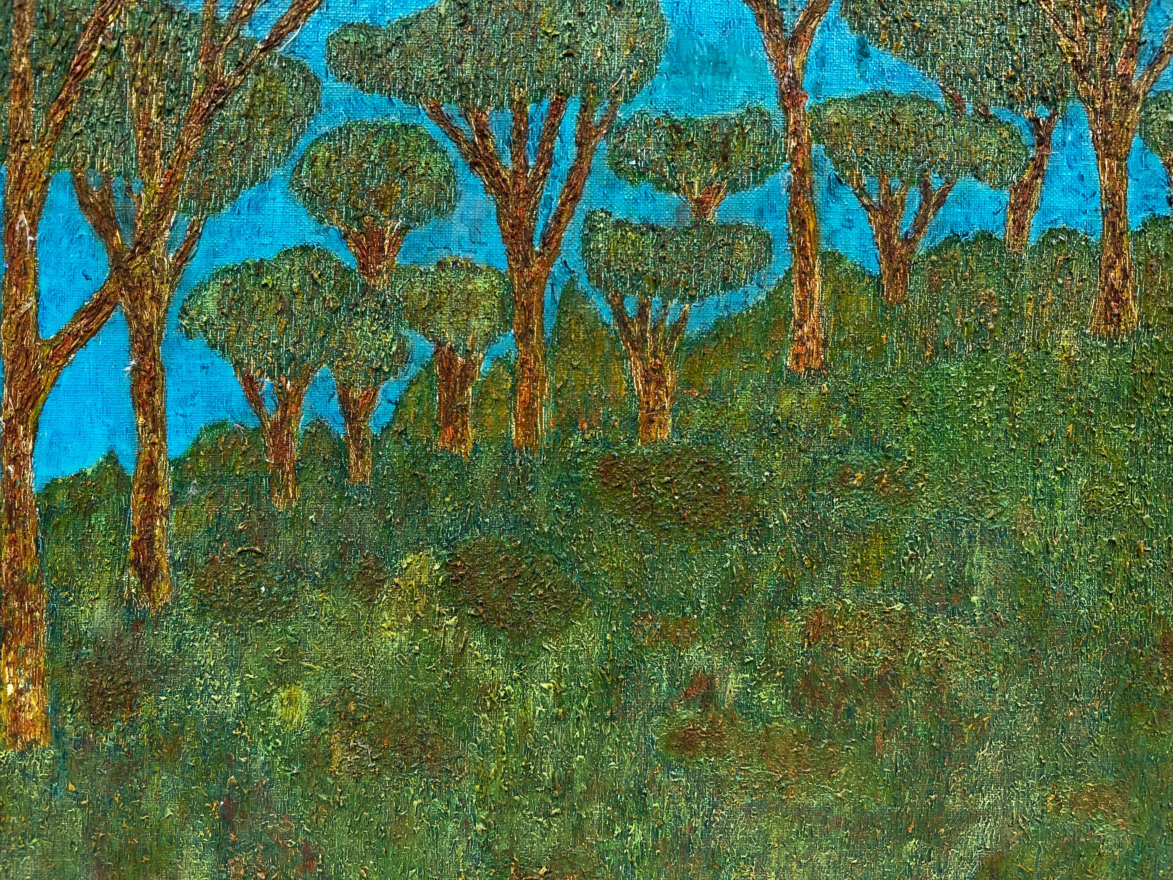 Magnífico Óleo Francés Firmado Escuela de Les Nabis Árboles Altos Paisaje Verde Cielo Azul - Landscape Painting Negro de Nabis School