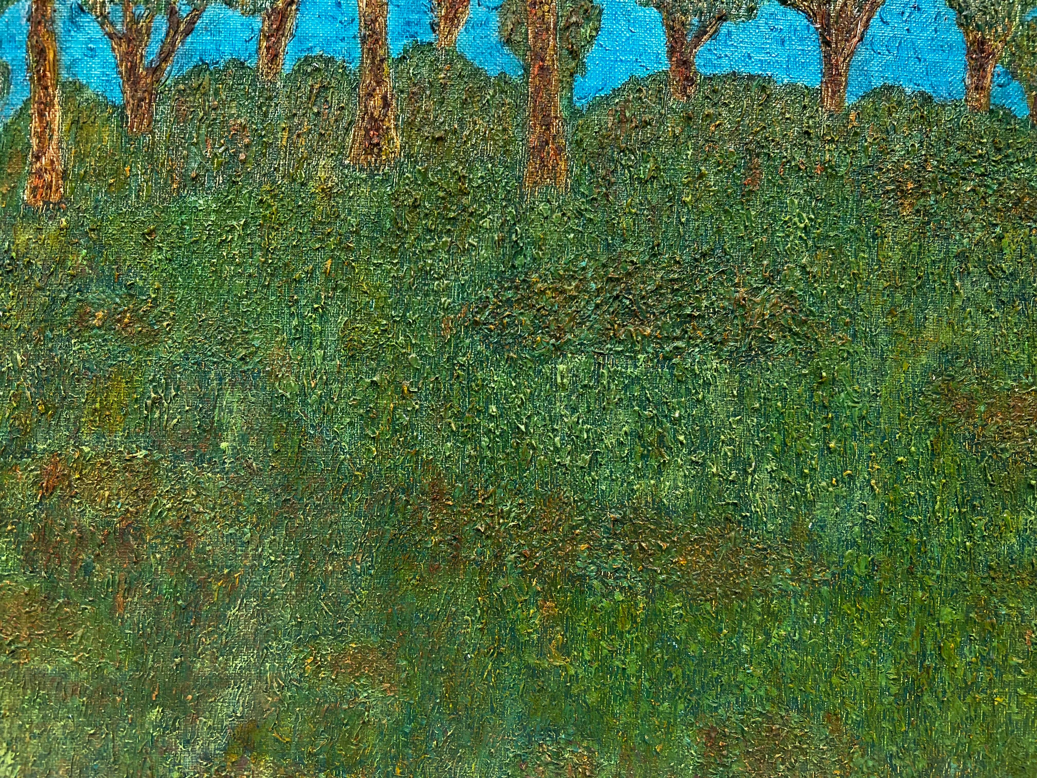 Artista/Escuela: Escuela francesa, firmado indistintamente abajo a la derecha, siglo XX, inscrito en el verso. 

Título: Árboles en un paisaje verde intenso contra un cielo azul. 

Técnica: óleo sobre lienzo, enmarcado y con inscripción en el