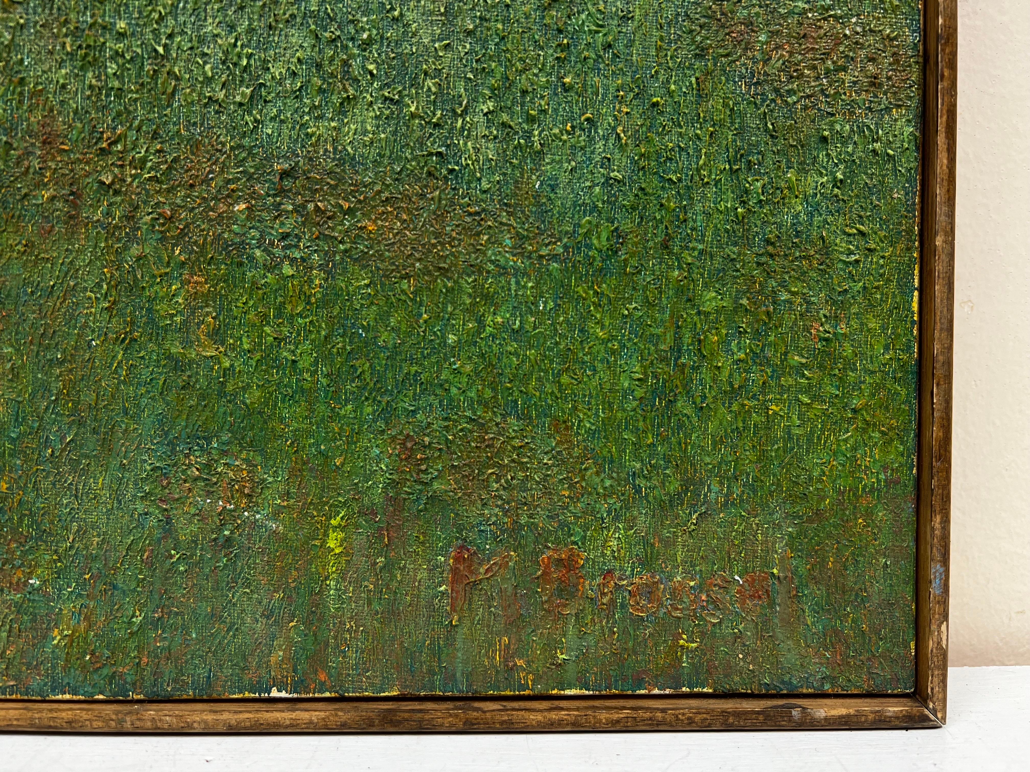 Magnífico Óleo Francés Firmado Escuela de Les Nabis Árboles Altos Paisaje Verde Cielo Azul 1