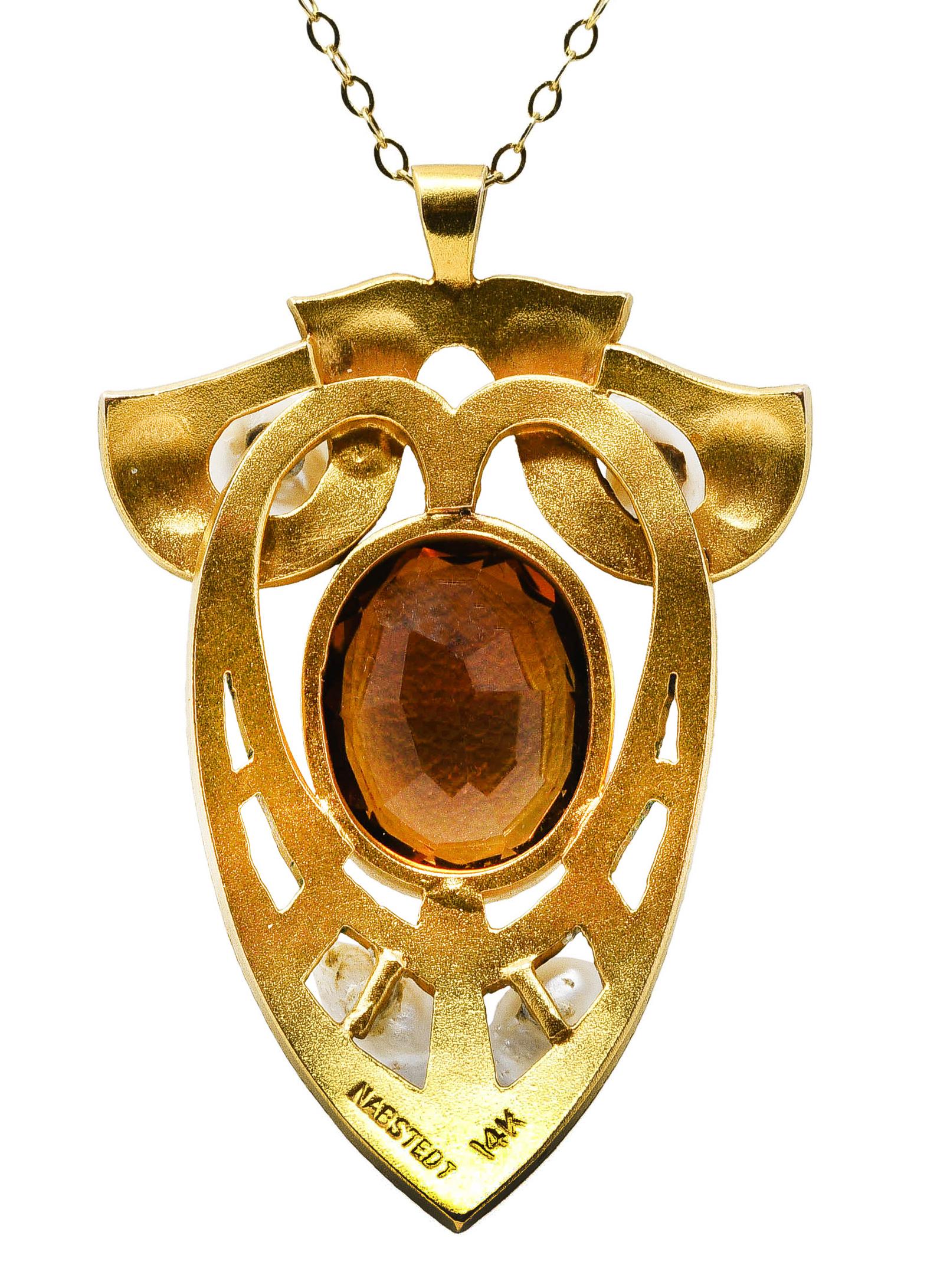 Nabstedt Art Nouveau Citrine Pearl 14 Karat Gold Pendant Necklace In Excellent Condition In Philadelphia, PA