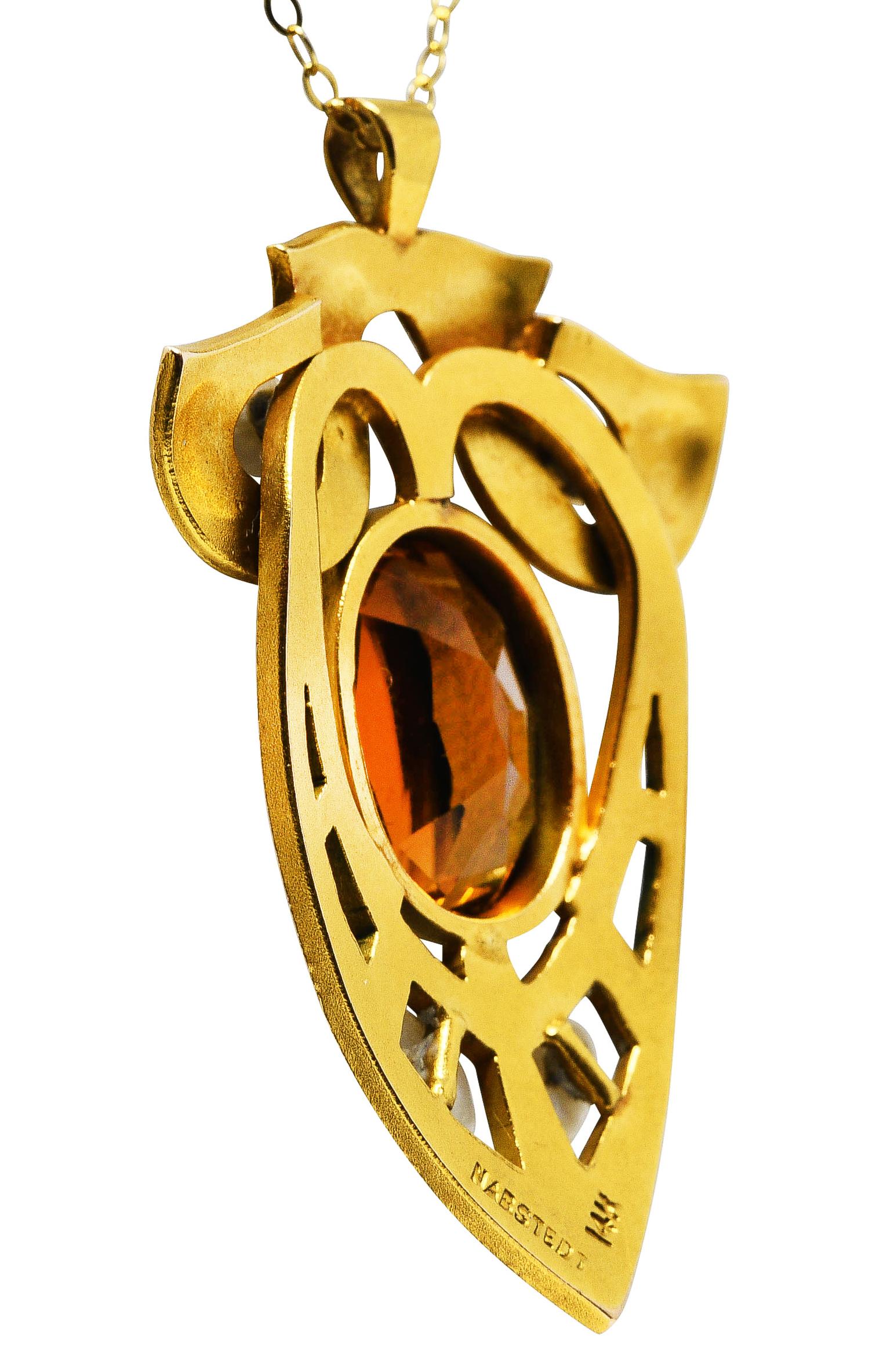 Nabstedt Art Nouveau Citrine Pearl 14 Karat Gold Pendant Necklace 1