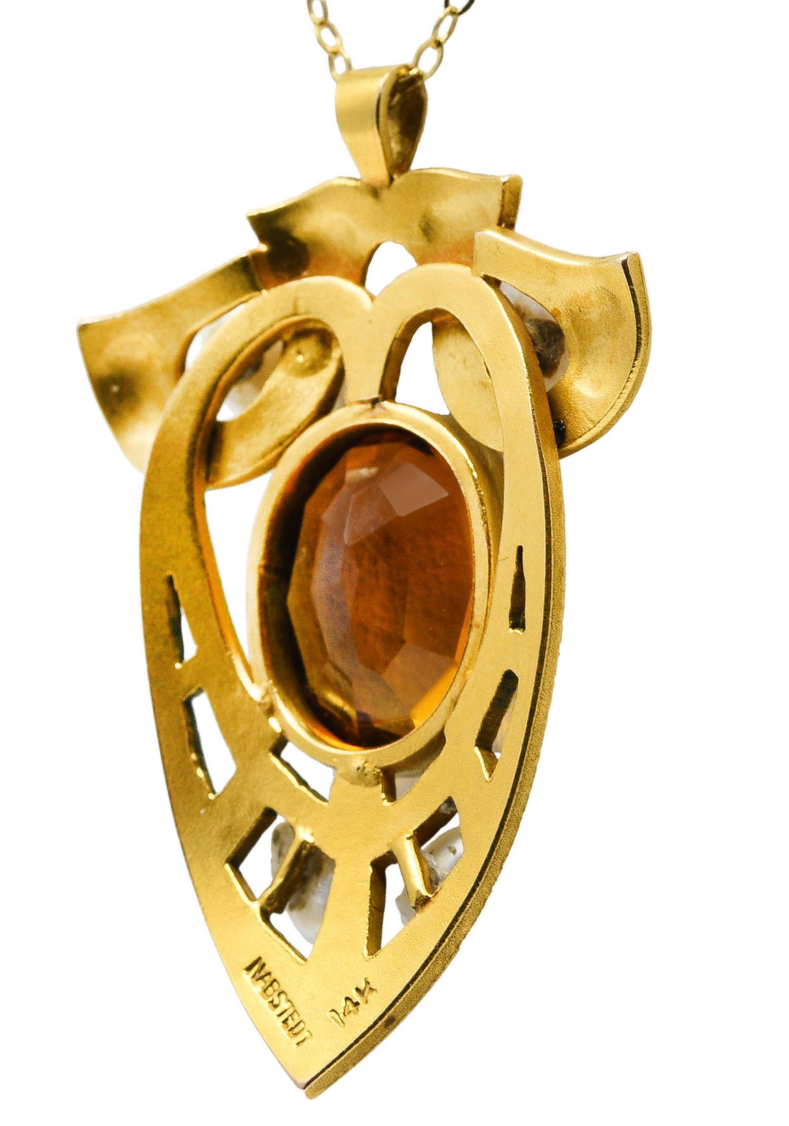 Nabstedt Art Nouveau Citrine Pearl 14 Karat Gold Pendant Necklace 2