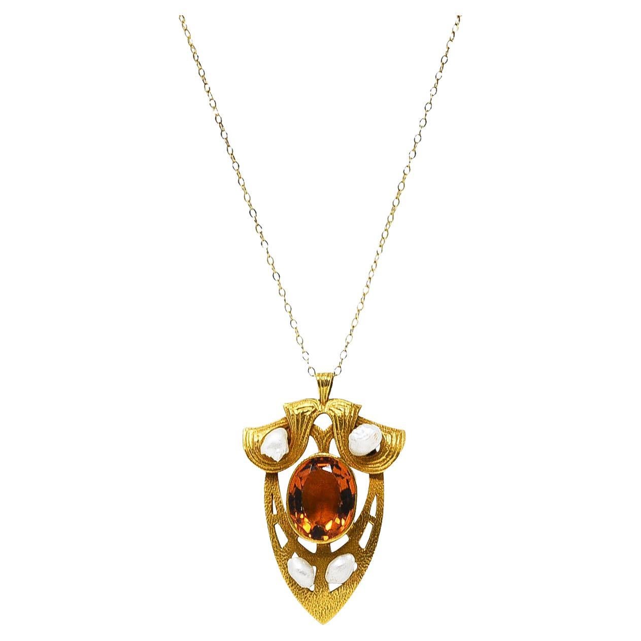 Nabstedt Art Nouveau Citrine Pearl 14 Karat Gold Pendant Necklace