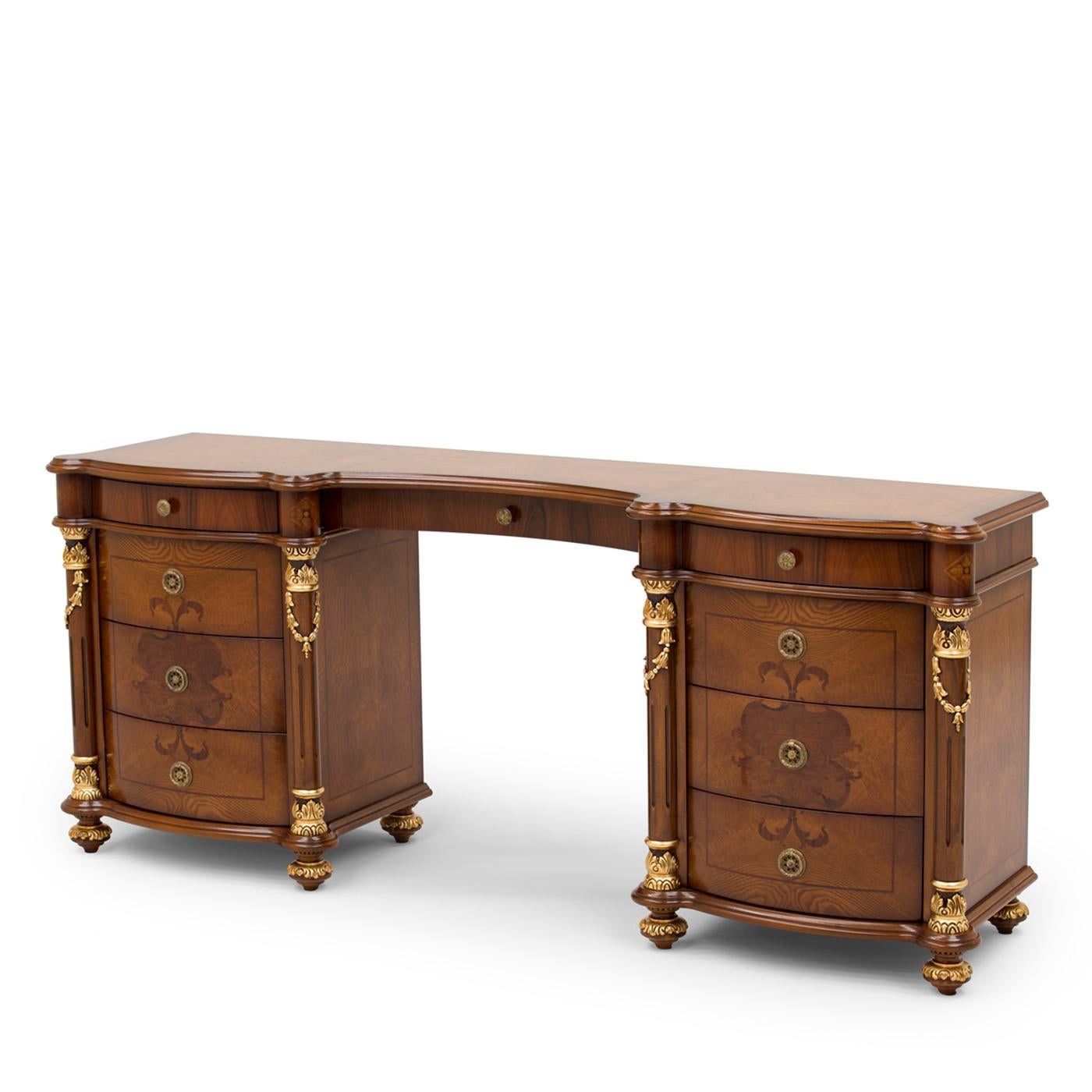 The distinctly classic inspiration of this vanity desk is evident in its bold and ornate silhouette crafted employing prized woods. Its sturdy wooden structure - providing nine drawers for storing make-up and skin-care favorites - boasts fine inlays